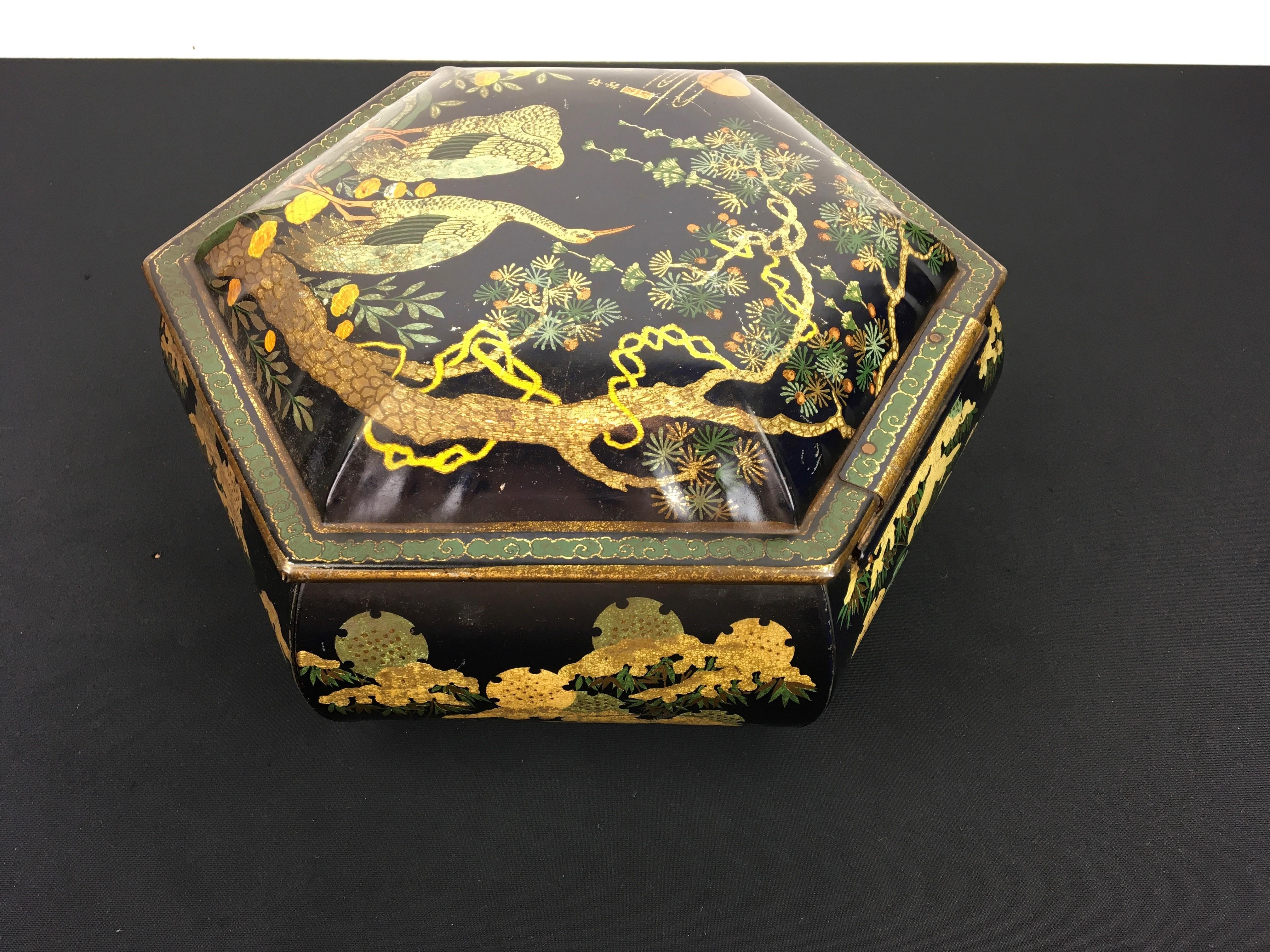 Antique Tin with Cranes Asian Style, Early 20th Century 7