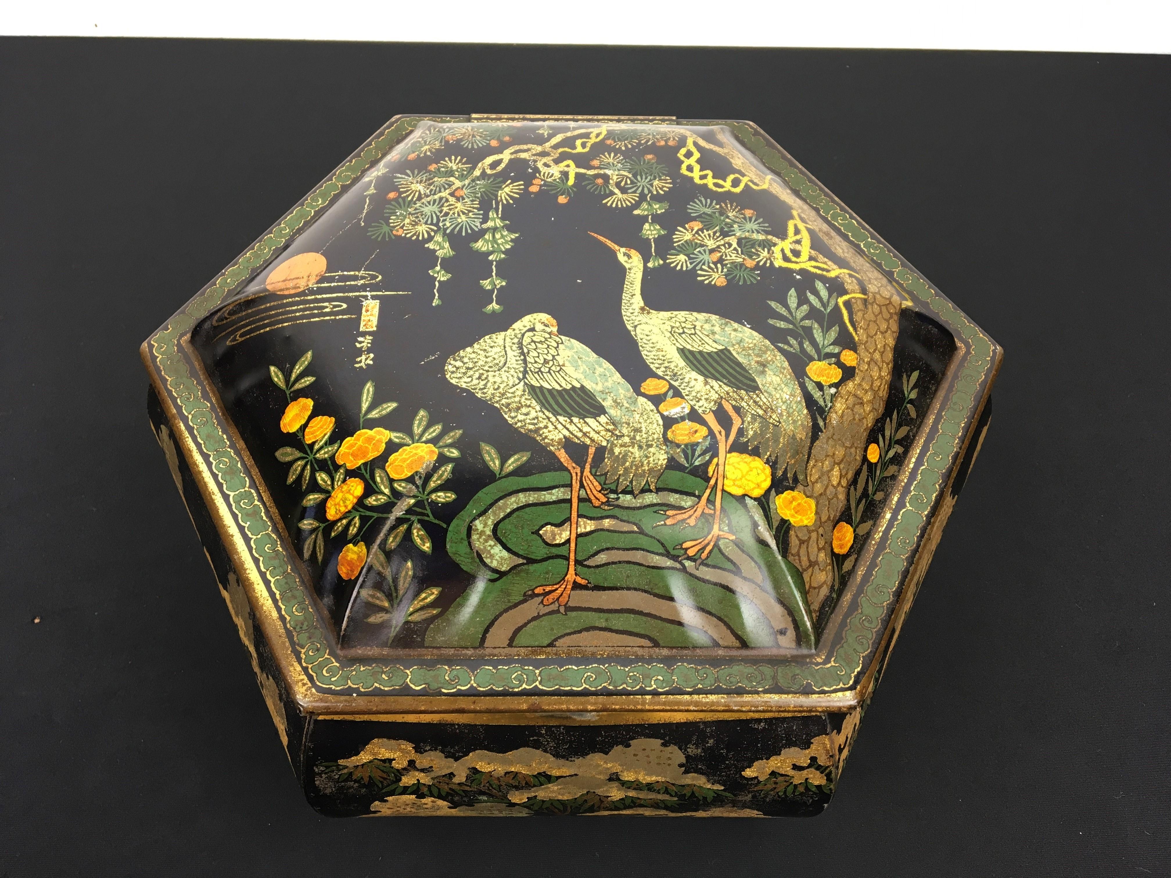 Antique Tin with Cranes Asian Style, Early 20th Century 14