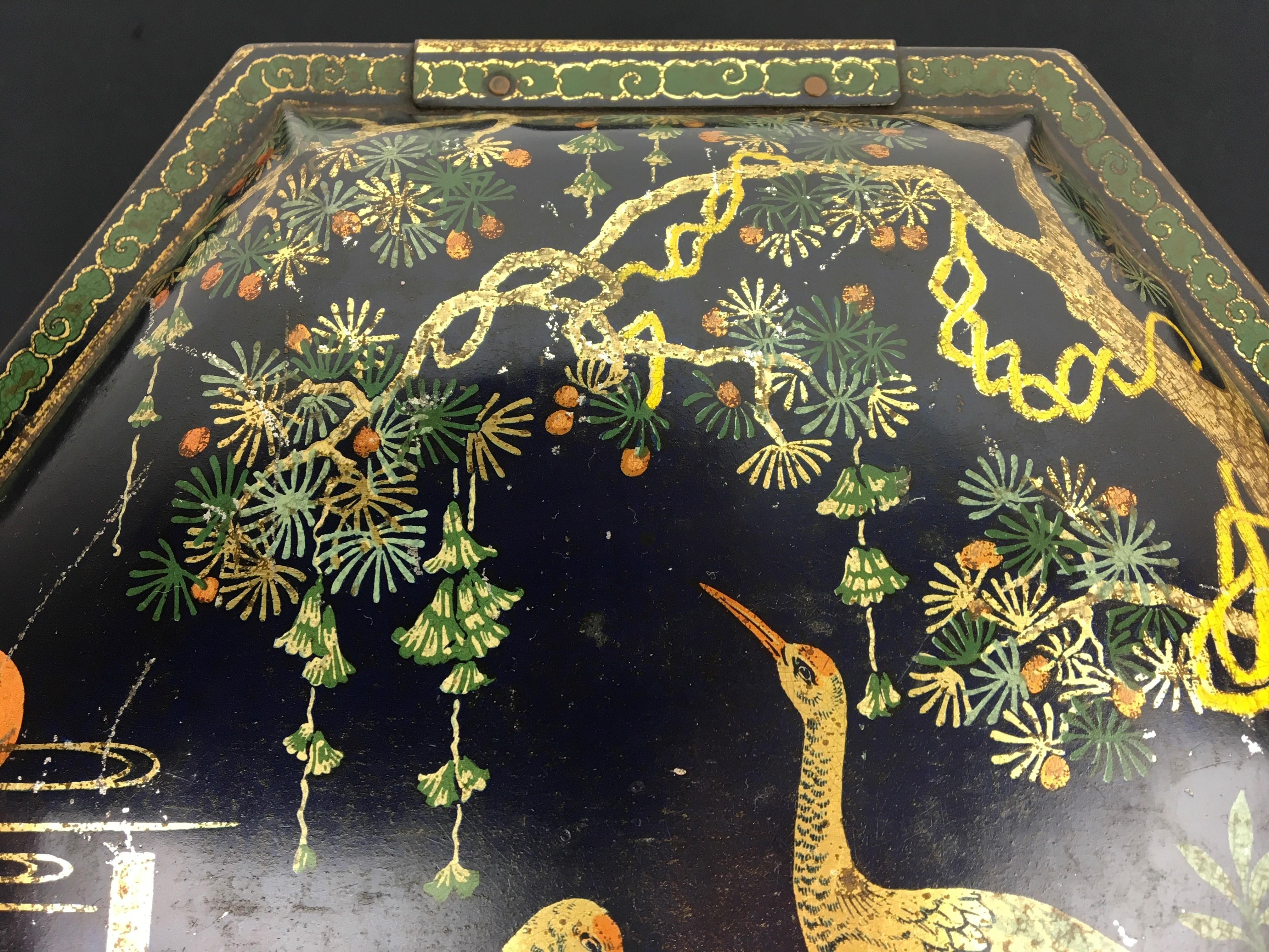 Jugendstil Antique Tin with Cranes Asian Style, Early 20th Century