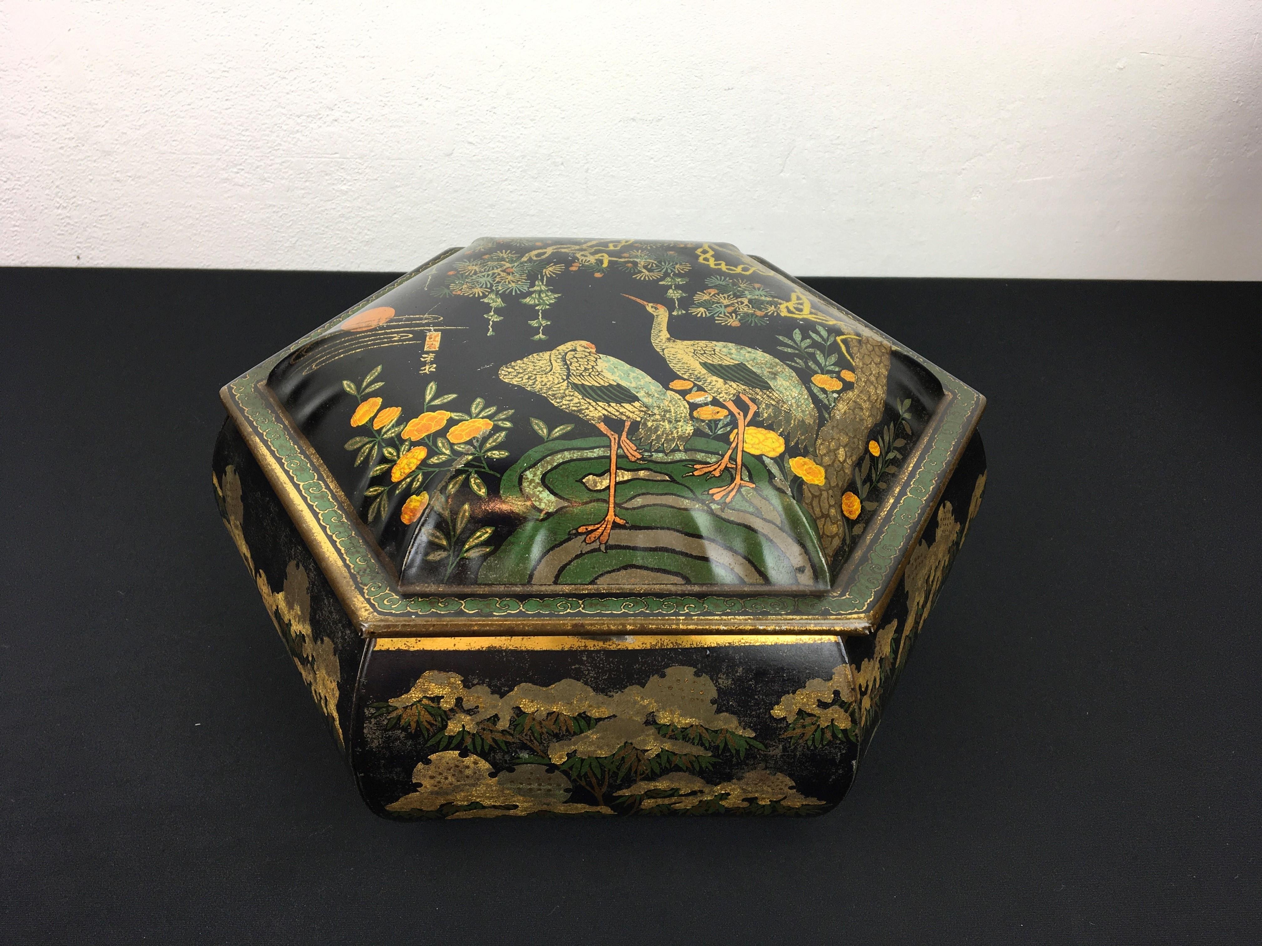 European Antique Tin with Cranes Asian Style, Early 20th Century