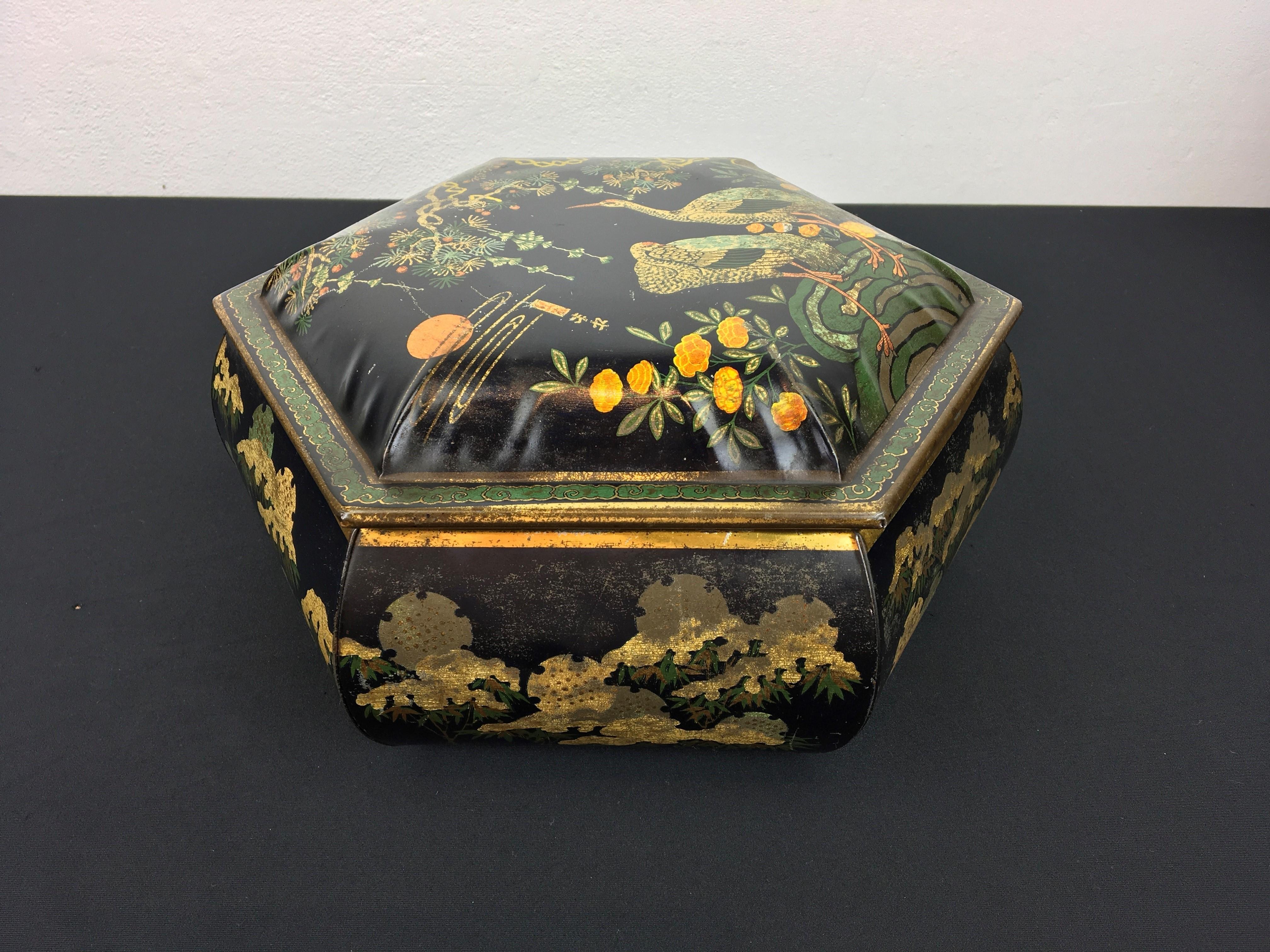 Antique Tin with Cranes Asian Style, Early 20th Century 1