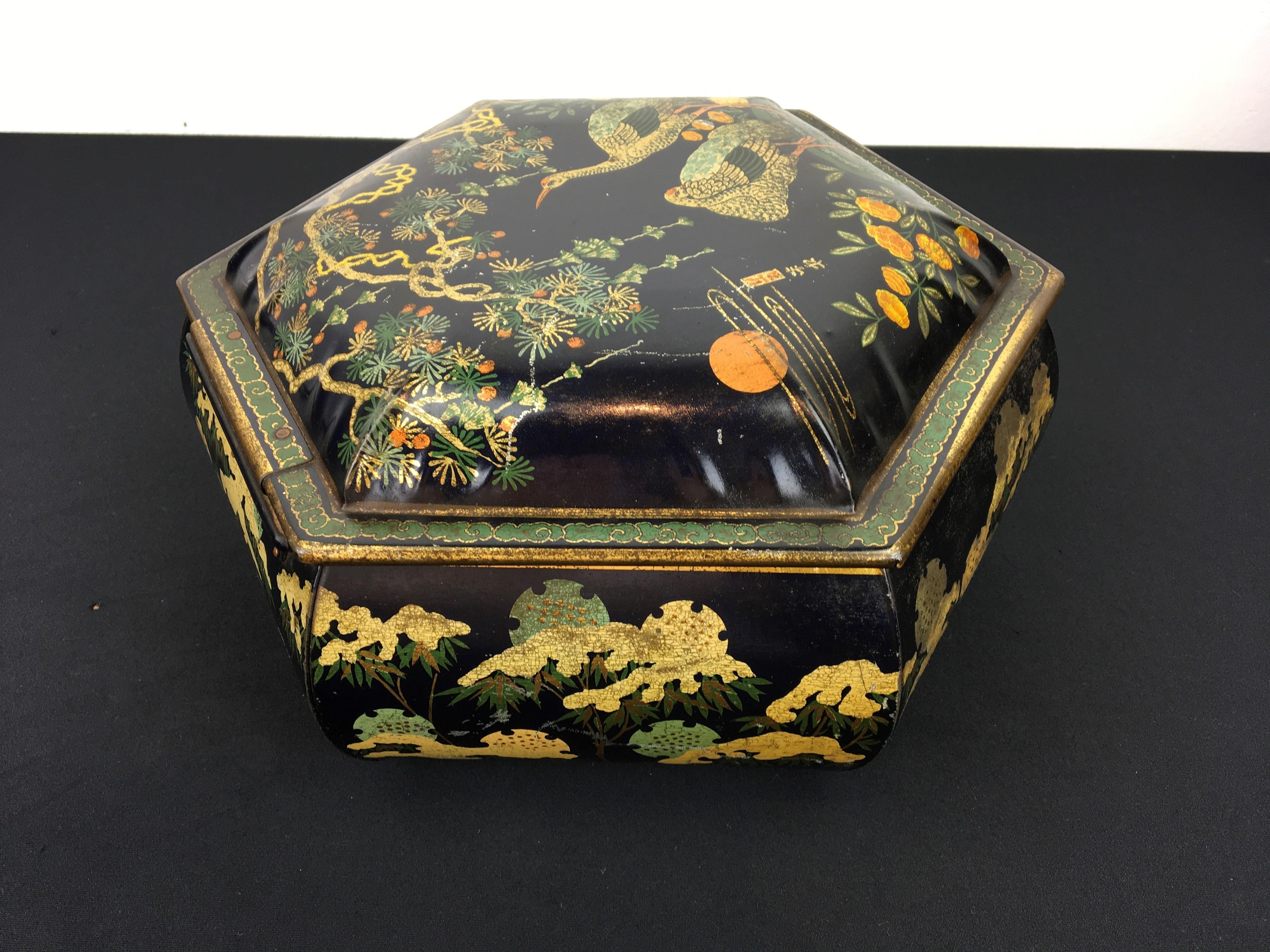 Antique Tin with Cranes Asian Style, Early 20th Century 3