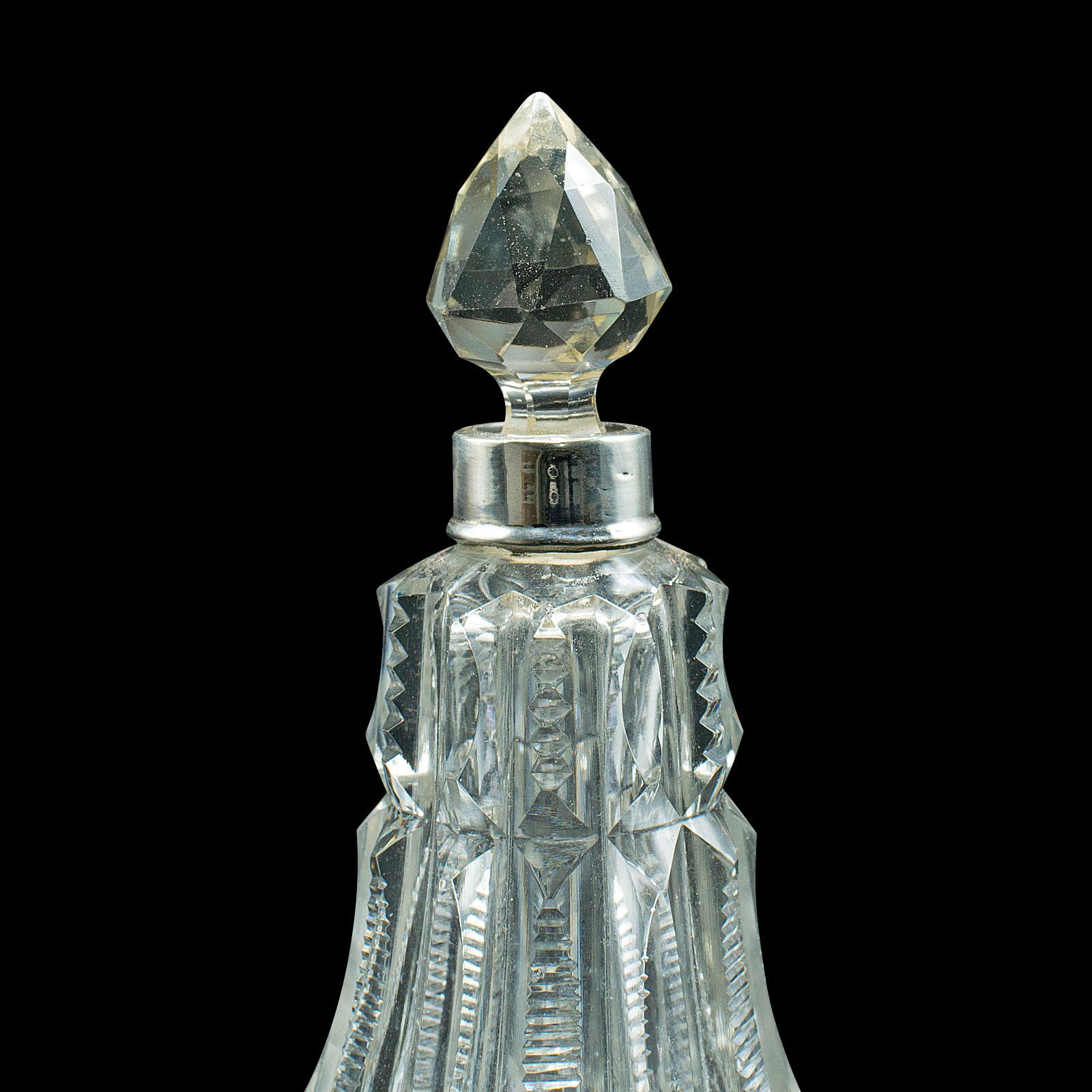 20th Century Antique Tipple Decanter, English, Glass, Silver, Small Spirit Vessel, Hallmarked For Sale