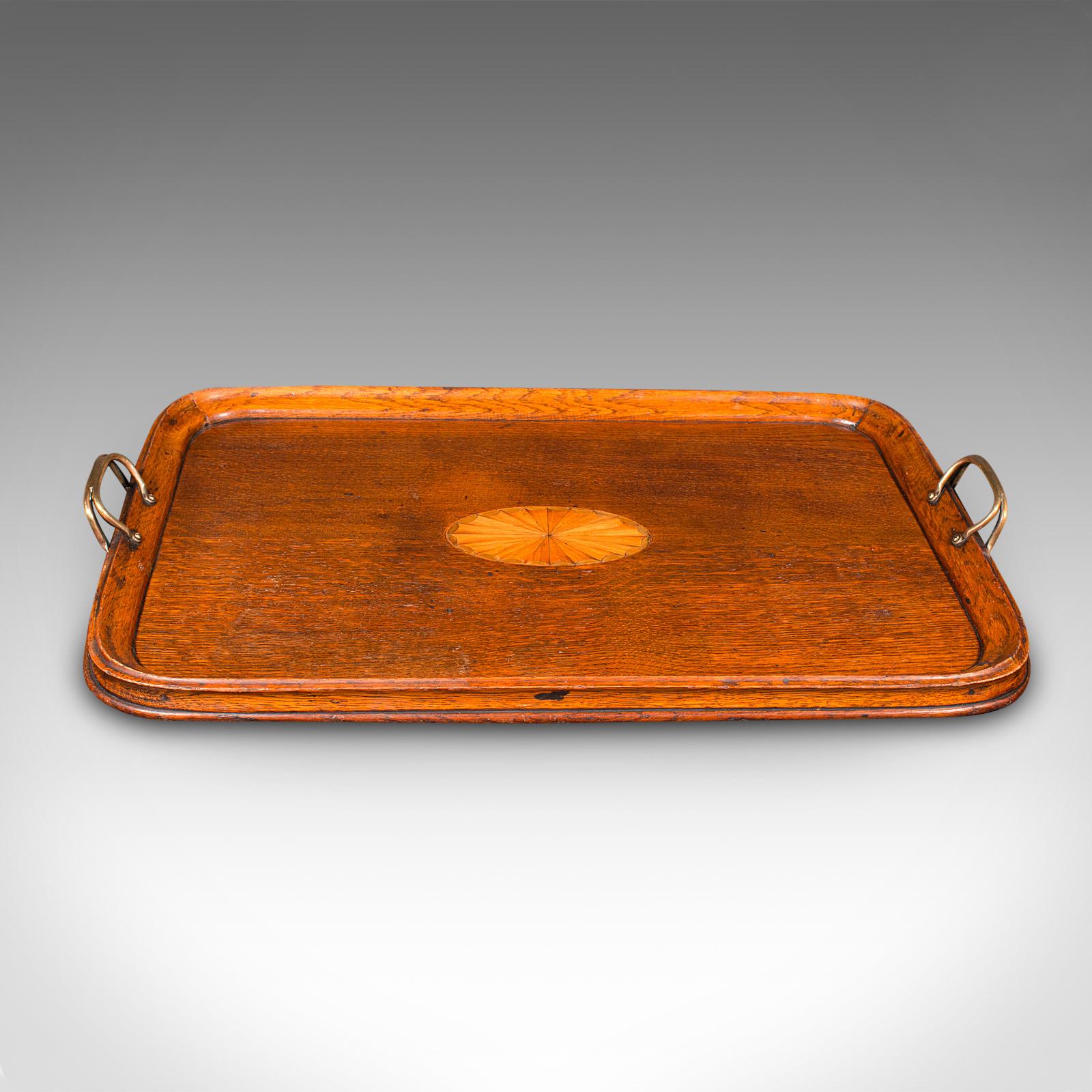 British Antique Tipple Serving Tray, English, Oak, Boxwood, Afternoon Tea, Edwardian For Sale