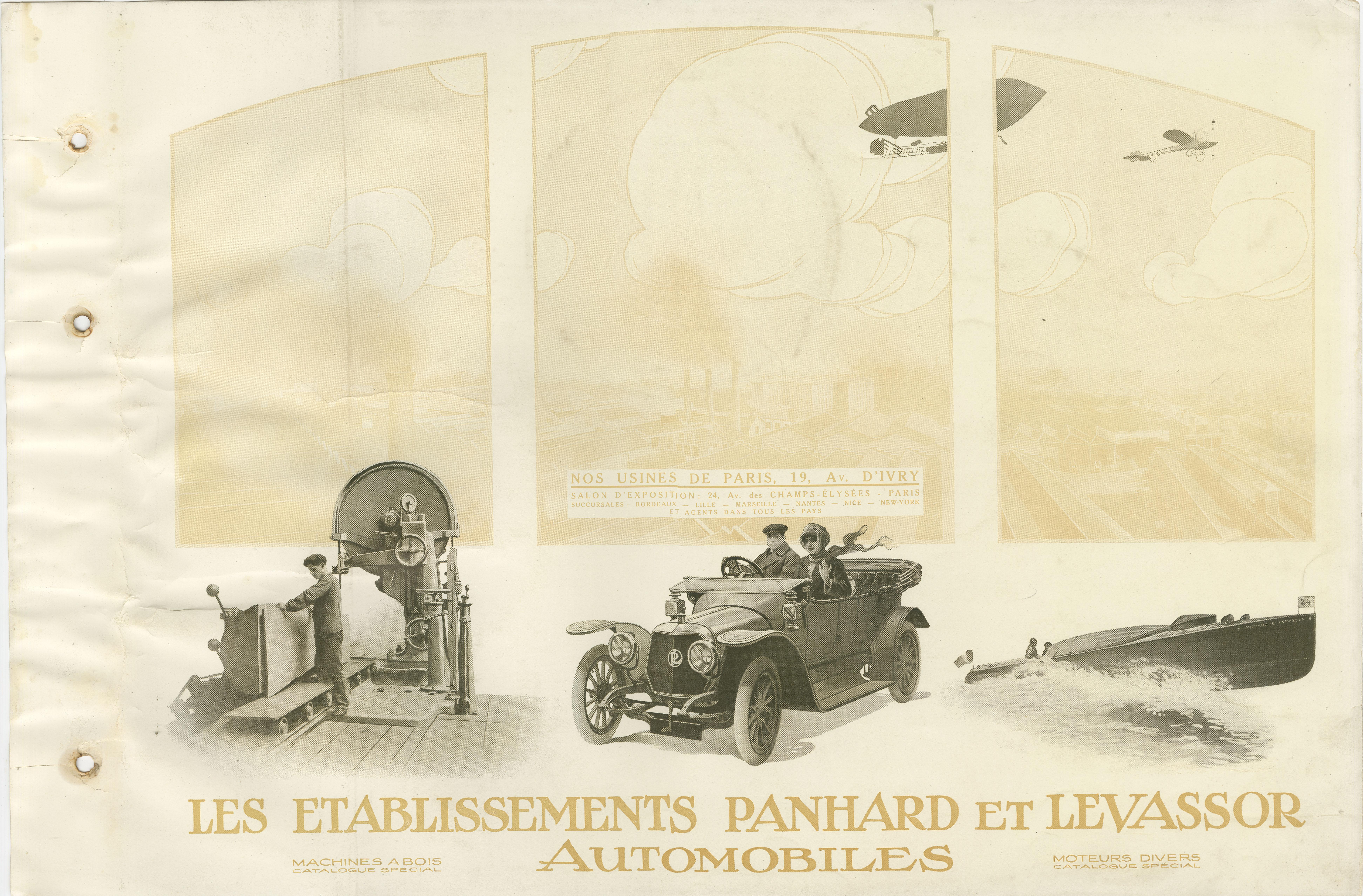 Antique title page titled 'Les Etablissements Panhard et Levassor Automobiles'. This print originates from a rare catalog of the exclusive French brand Panhard & Levassor from 1914.

Panhard was a French motor vehicle manufacturer that began as