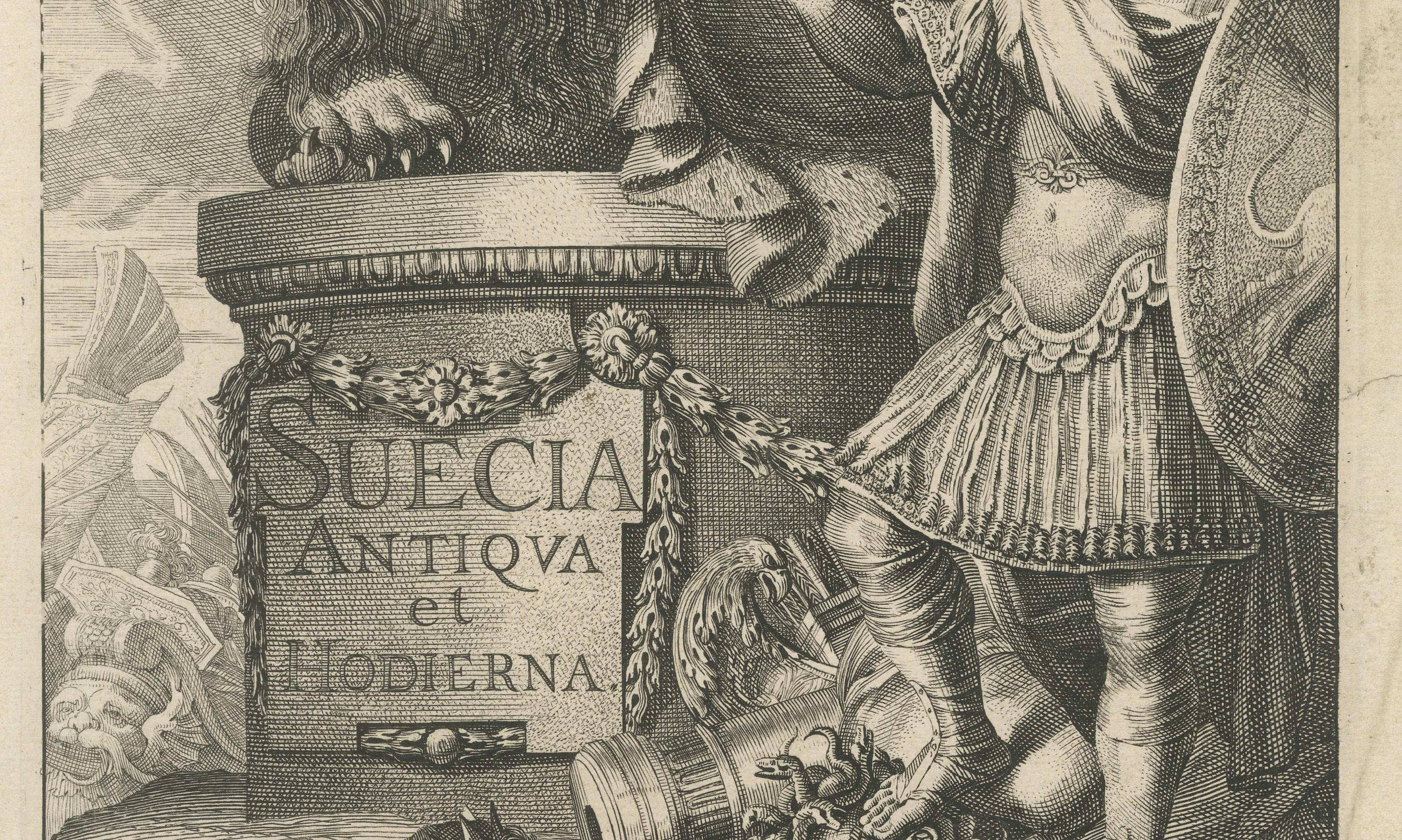 Gravé Impression de titre antique présentant la personnification du royaume suédois, 1669 en vente