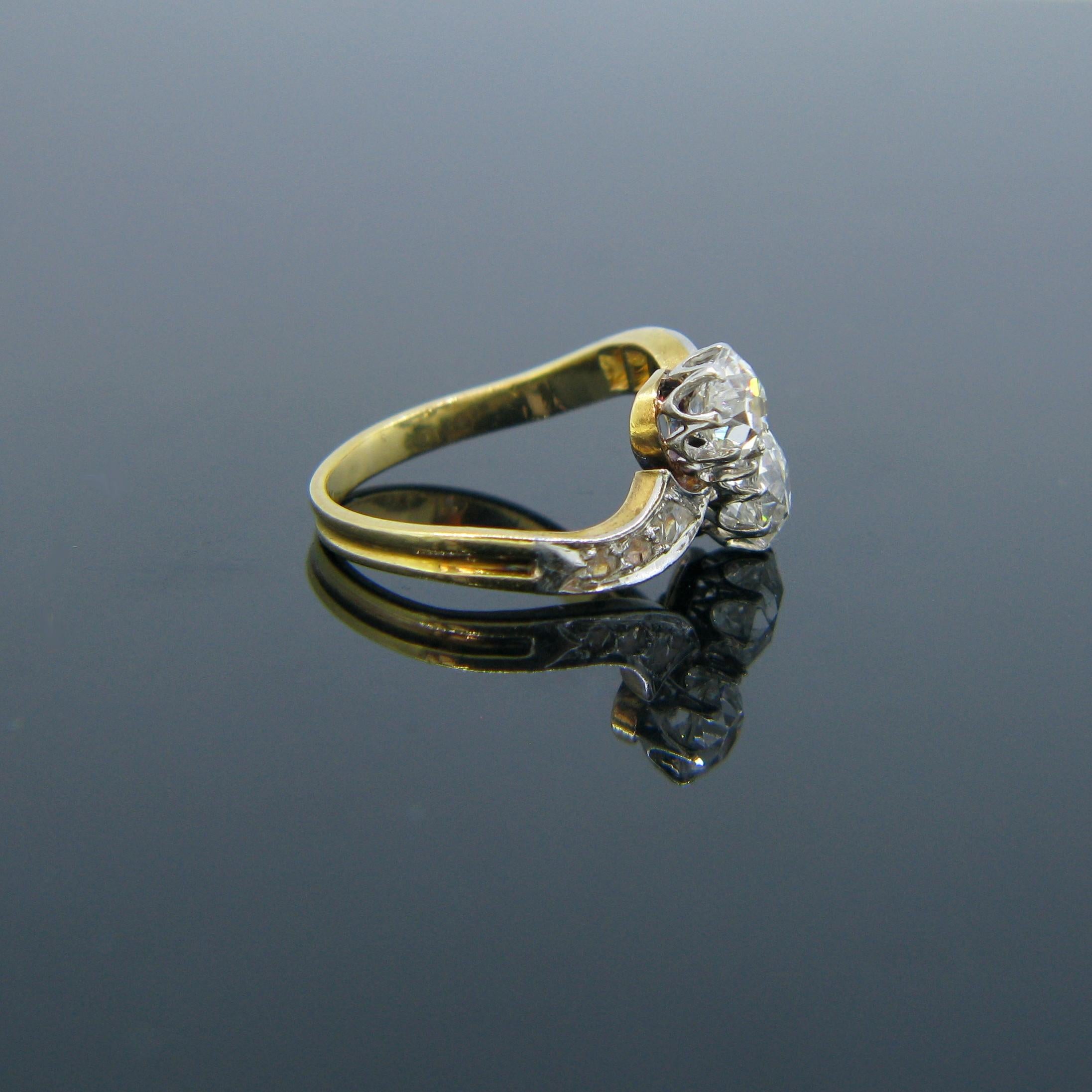Old Mine Cut Antique Toi et Moi Crossover Old Mine Diamonds Yellow Gold Platinum Ring