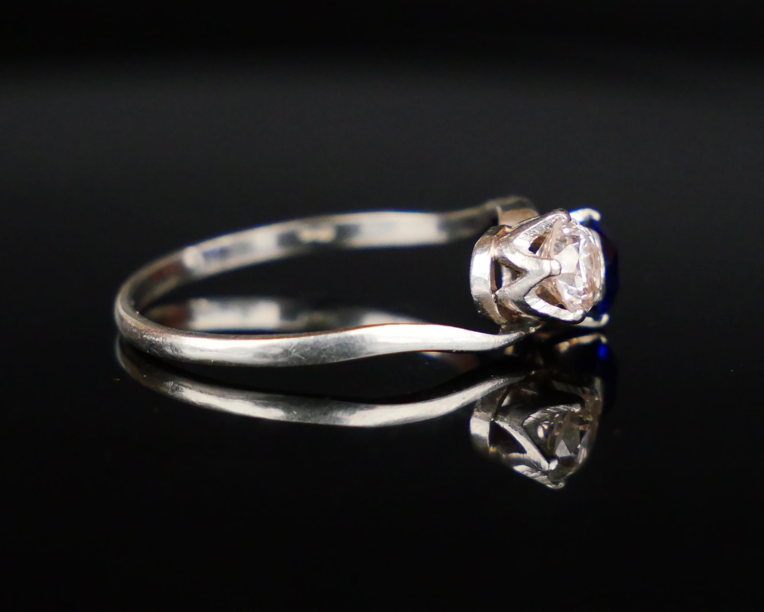 Antique Toi et Moi Ring 0.7ct Diamond 0.75ct Sapphire solid Platinum Ø8.5US/2.9g For Sale 5