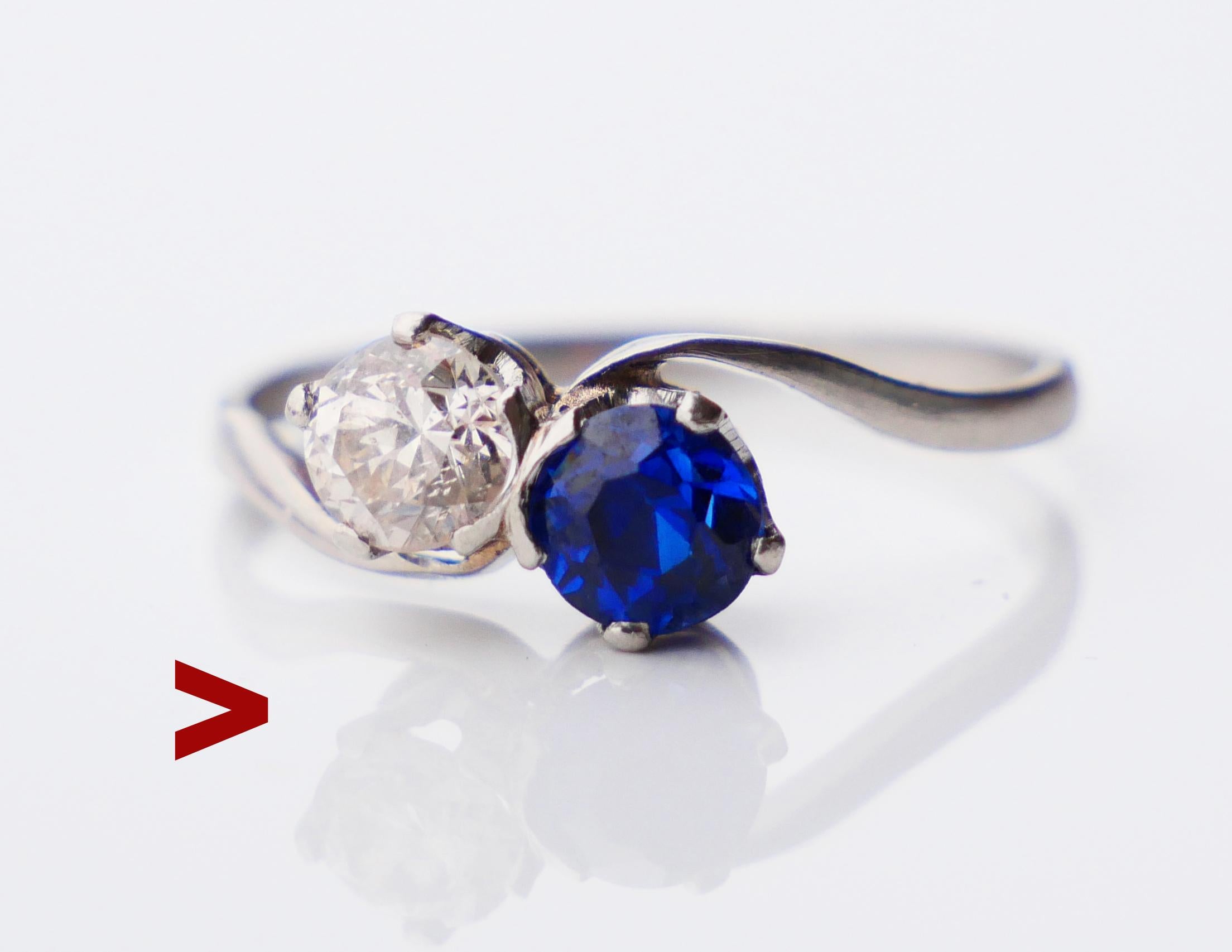 Antique Antique Toi et Moi Ring with twisted frame in solid Platinum. Claw set diamond cut Diamond Ø 5.5 mm x 3.35 mm deep / 0.7 ct ca. F,G ; VS / and diamond cut natural Sapphire of medium Blue intensity Ø 5.5 mm x 3.85 mm deep / 0.75 ct

Swedish