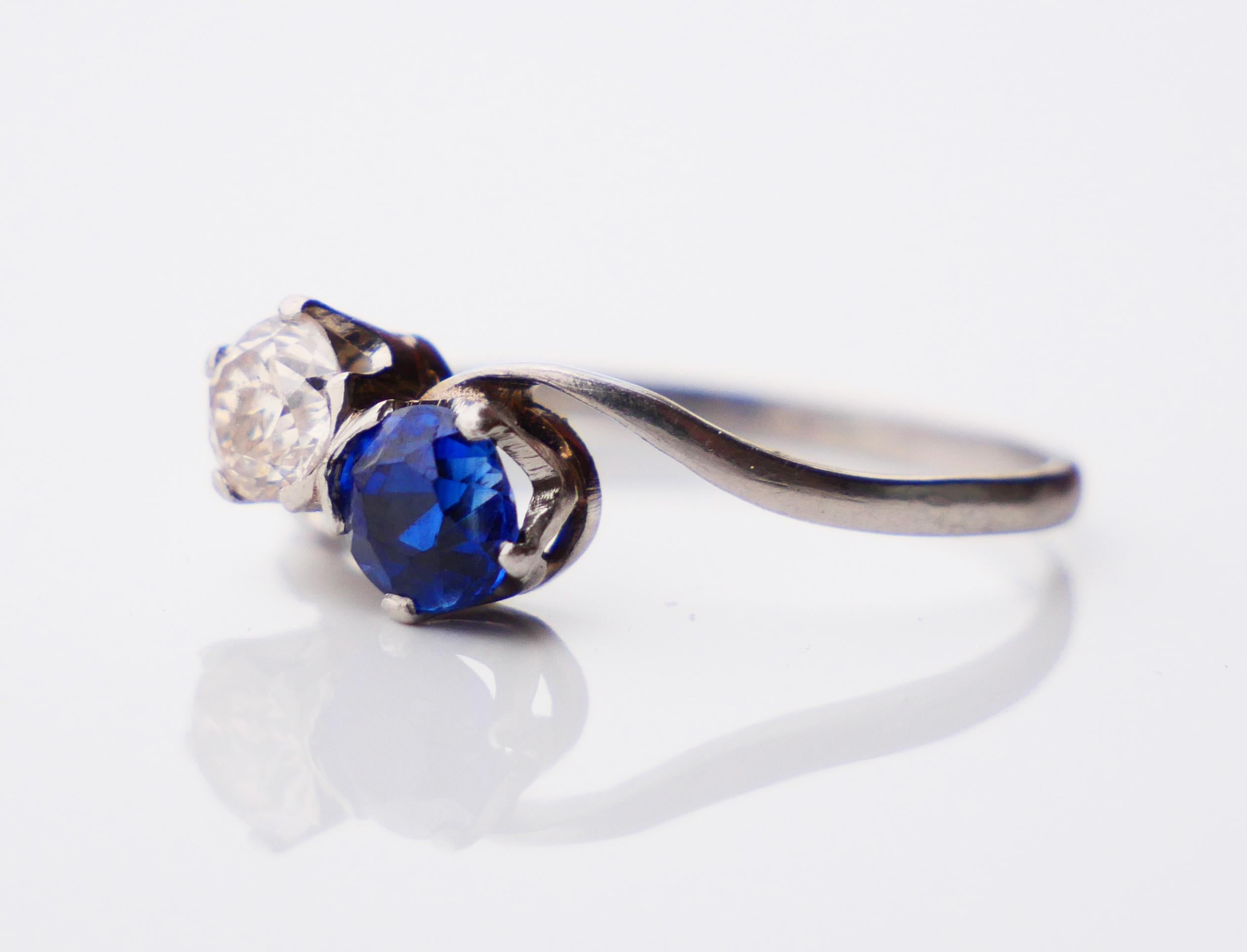 Art Nouveau Antique Toi et Moi Ring 0.7ct Diamond 0.75ct Sapphire solid Platinum Ø8.5US/2.9g For Sale