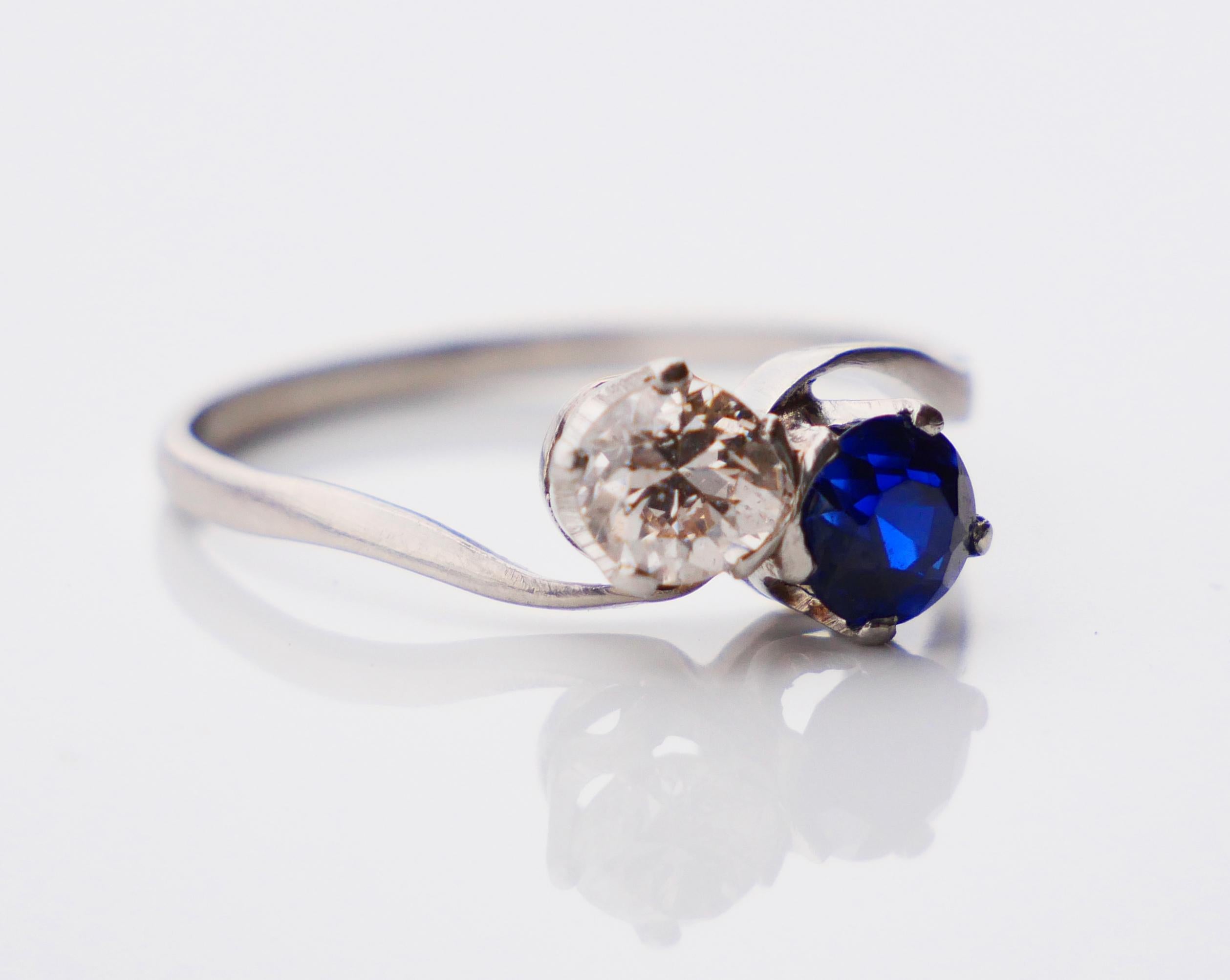 Old European Cut Antique Toi et Moi Ring 0.7ct Diamond 0.75ct Sapphire solid Platinum Ø8.5US/2.9g For Sale
