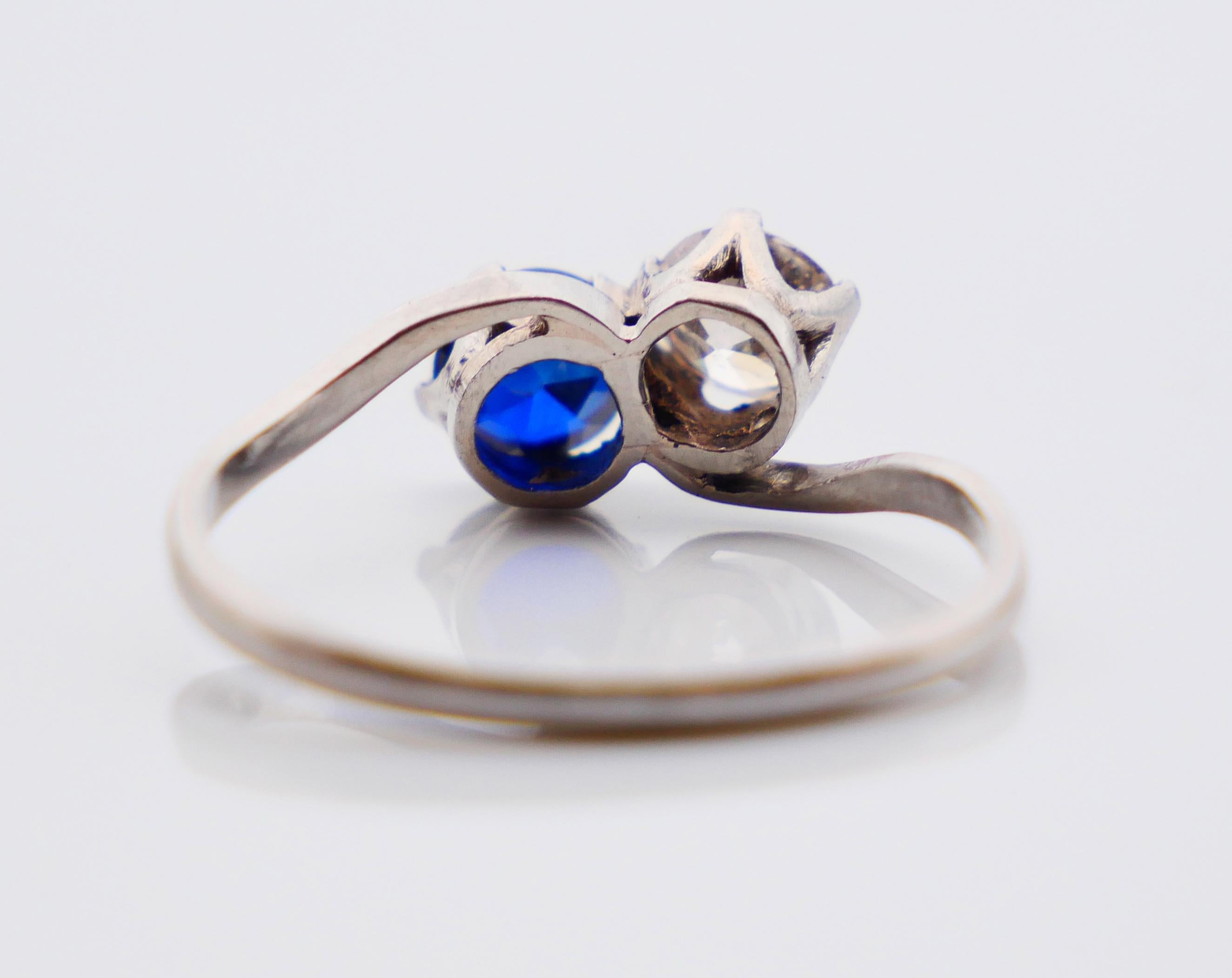 Women's Antique Toi et Moi Ring 0.7ct Diamond 0.75ct Sapphire solid Platinum Ø8.5US/2.9g For Sale