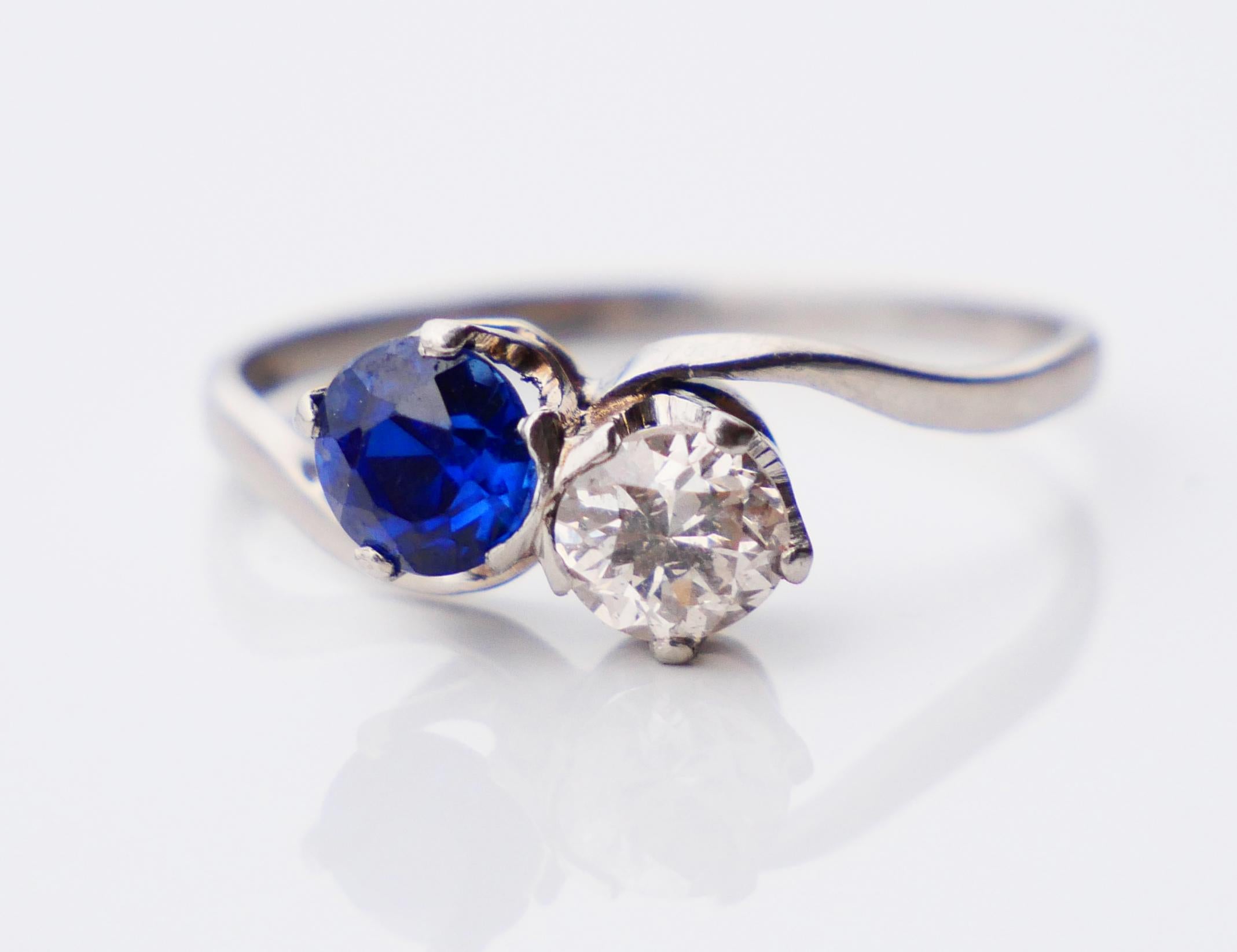 Antique Toi et Moi Ring 0.7ct Diamond 0.75ct Sapphire solid Platinum Ø8.5US/2.9g For Sale 1