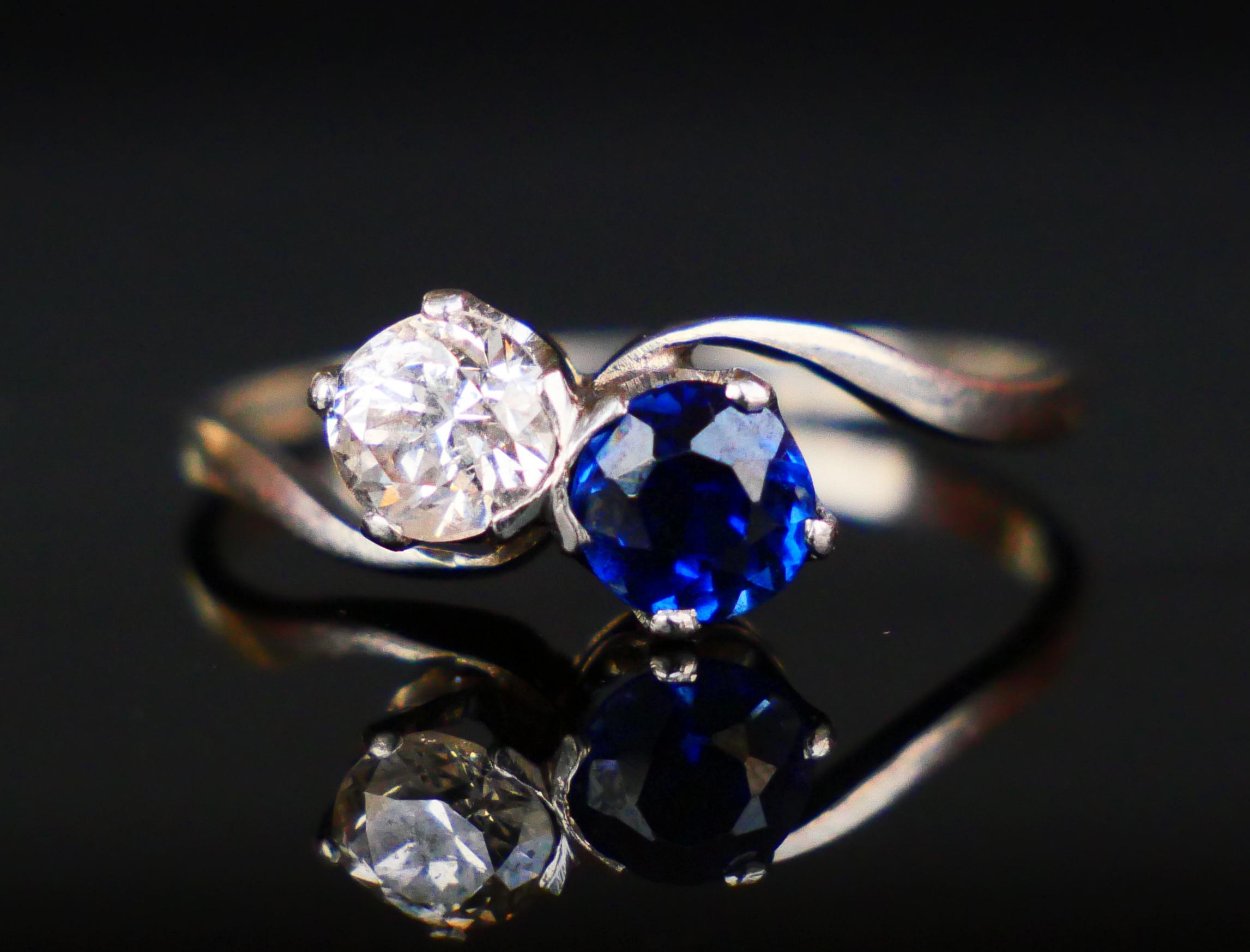 Antique Toi et Moi Ring 0.7ct Diamond 0.75ct Sapphire solid Platinum Ø8.5US/2.9g For Sale 2