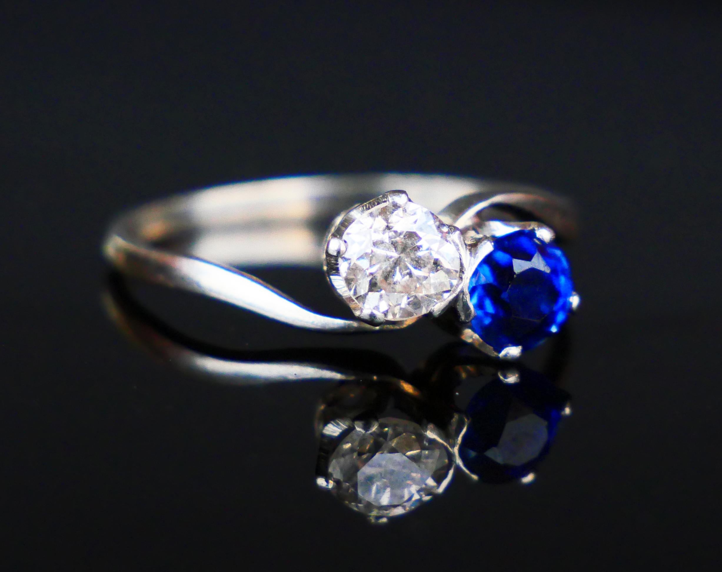 Antique Toi et Moi Ring 0.7ct Diamond 0.75ct Sapphire solid Platinum Ø8.5US/2.9g For Sale 3