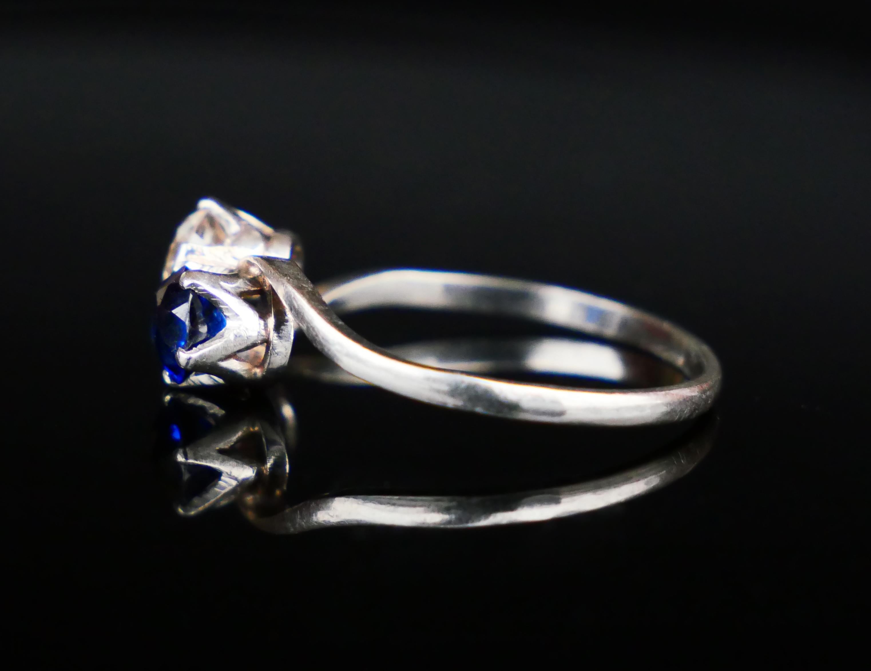 Antique Toi et Moi Ring 0.7ct Diamond 0.75ct Sapphire solid Platinum Ø8.5US/2.9g For Sale 4