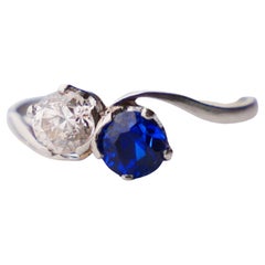 Antique Toi et Moi Ring 0.7ct Diamond 0.75ct Sapphire solid Platinum Ø8.5US/2.9g