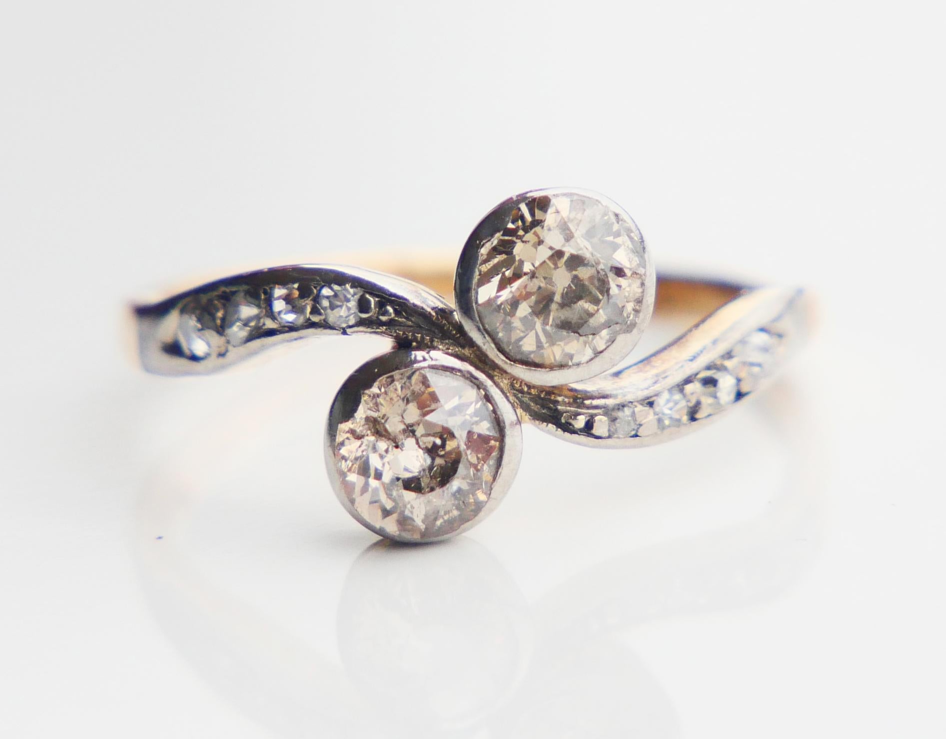 Antique Toi et Moi Ring natural 1.2 ctw. Diamonds 18K Gold Ø5.75 / 2.1 gr For Sale 5