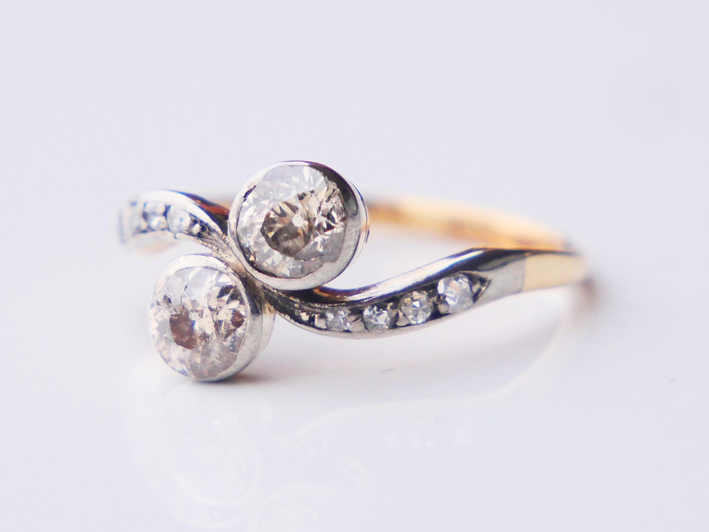Antique Toi et Moi Ring natural 1.2 ctw. Diamonds 18K Gold Ø5.75 / 2.1 gr For Sale 6