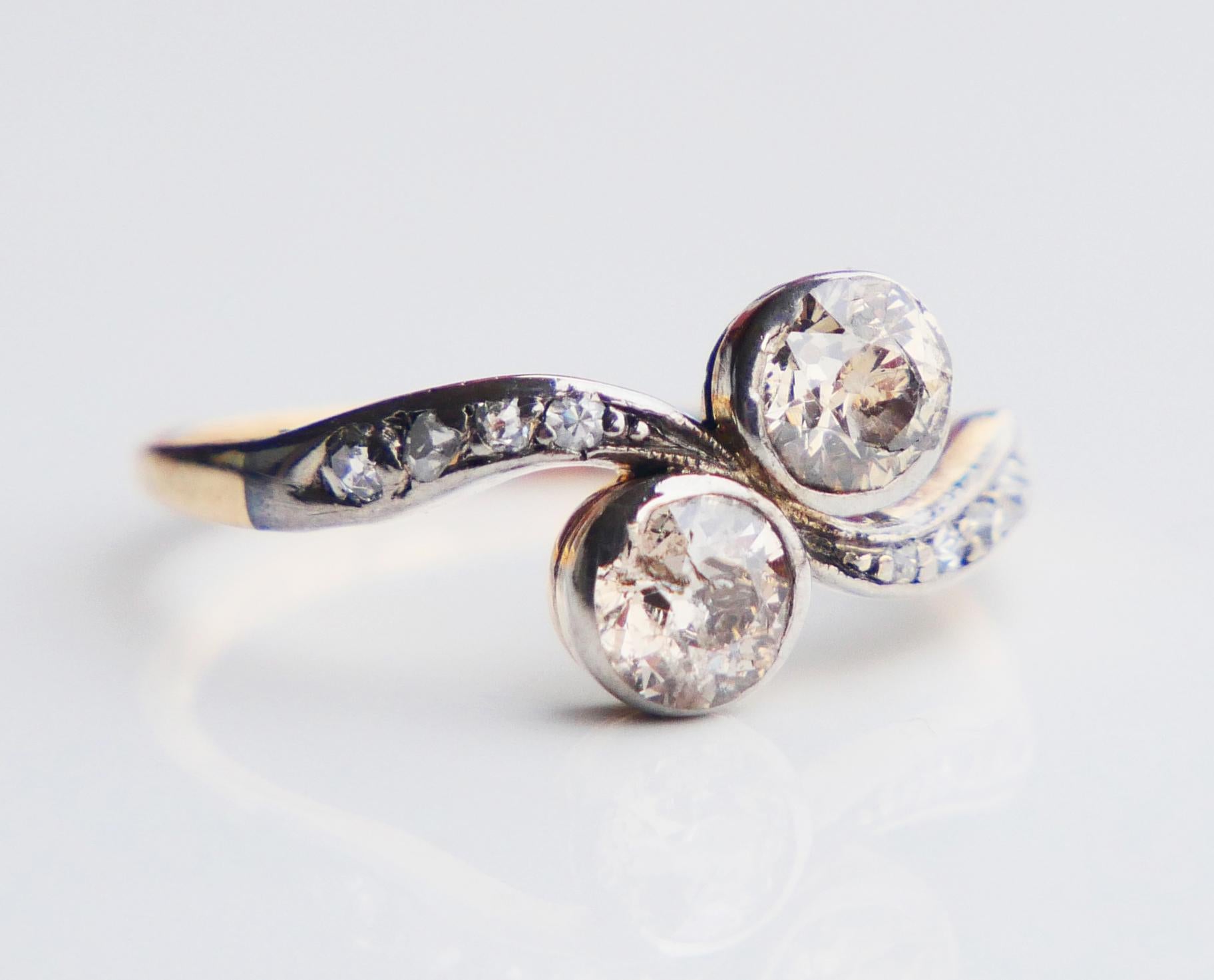 Antique Toi et Moi Ring natural 1.2 ctw. Diamonds 18K Gold Ø5.75 / 2.1 gr For Sale 8