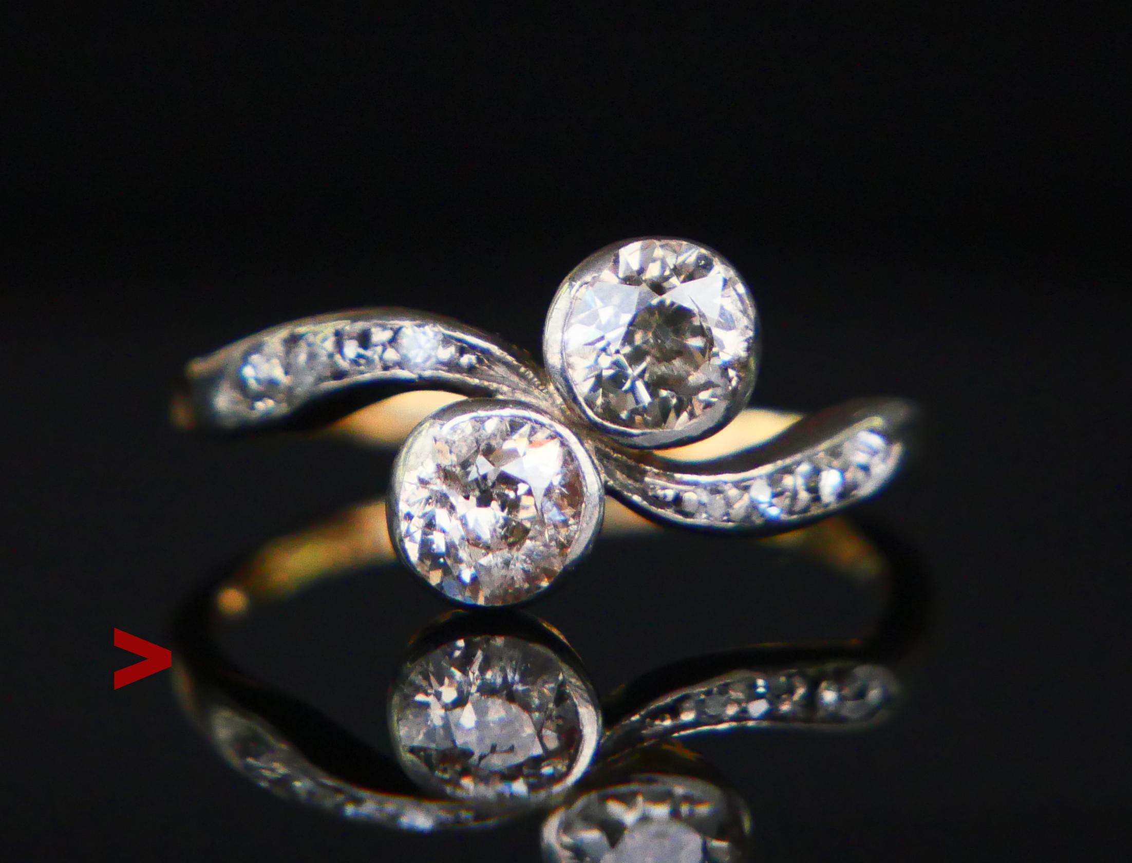 Old Swedish Toi et Moi Ring made ca. 1907 -1917. 
Solid 18K Yellow Gold twisted band, top of the crown in White Gold or Silver with two larger bezel set natural old European cut Diamonds Ø 5 mm x 2.9 mm / 2.7 mm deep/ ca 0.55 ct each. Eight pave set