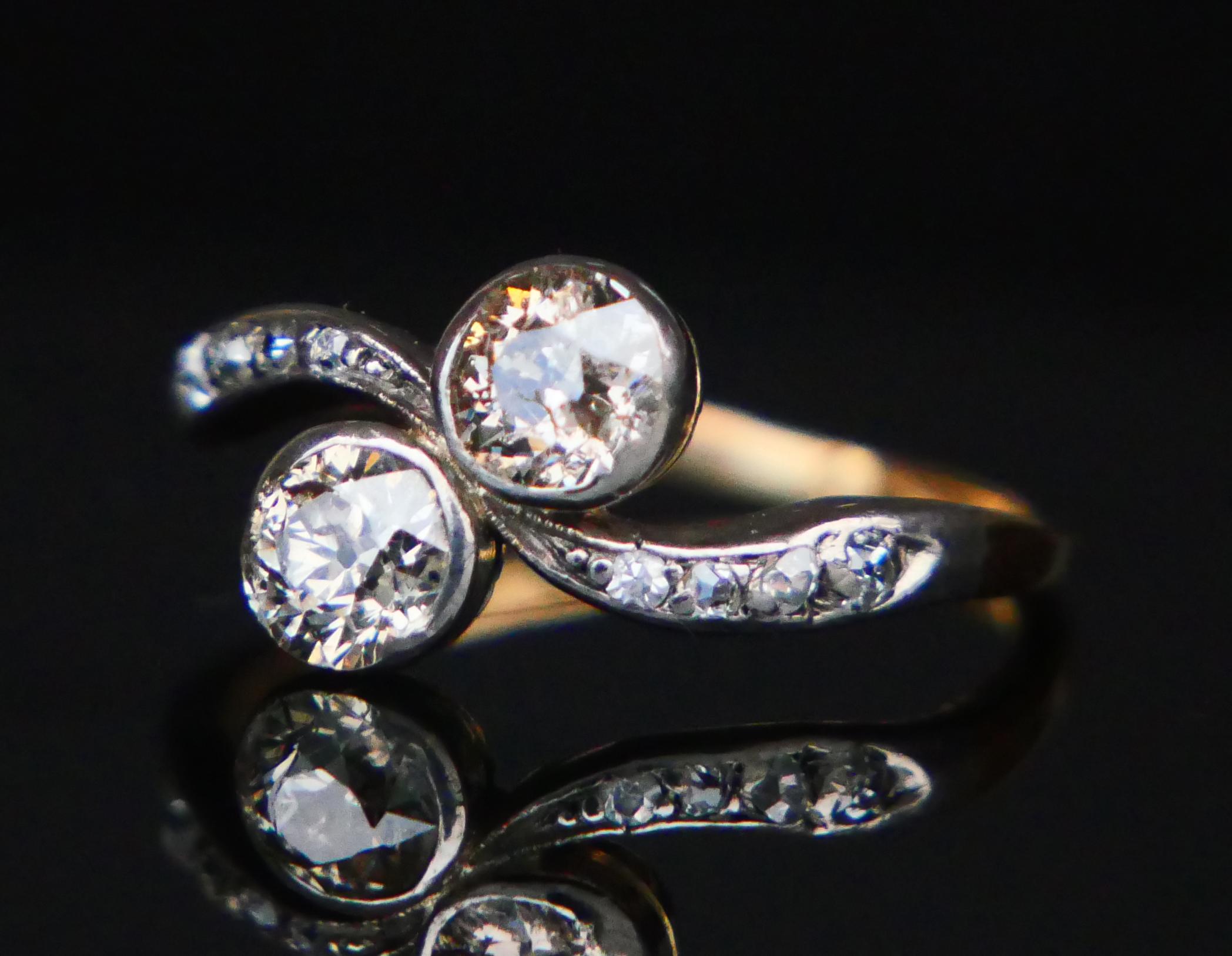 Art Nouveau Antique Toi et Moi Ring natural 1.2 ctw. Diamonds 18K Gold Ø5.75 / 2.1 gr For Sale