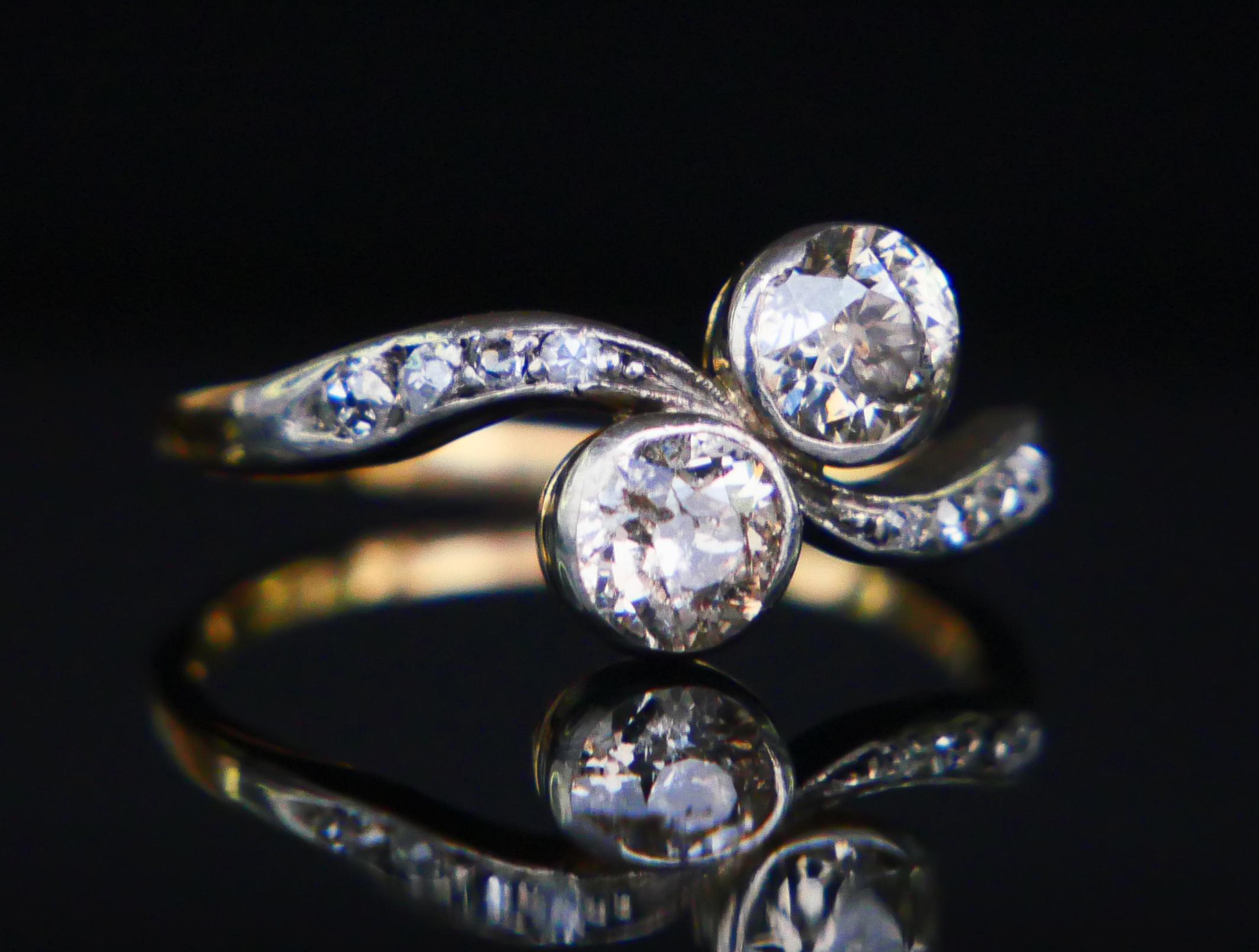Old European Cut Antique Toi et Moi Ring natural 1.2 ctw. Diamonds 18K Gold Ø5.75 / 2.1 gr For Sale