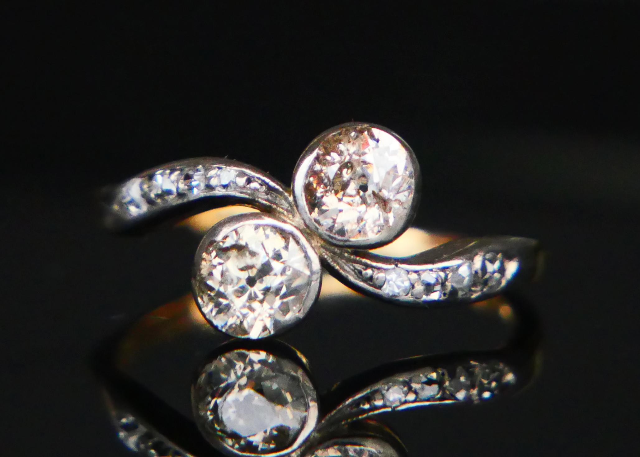 Women's Antique Toi et Moi Ring natural 1.2 ctw. Diamonds 18K Gold Ø5.75 / 2.1 gr For Sale