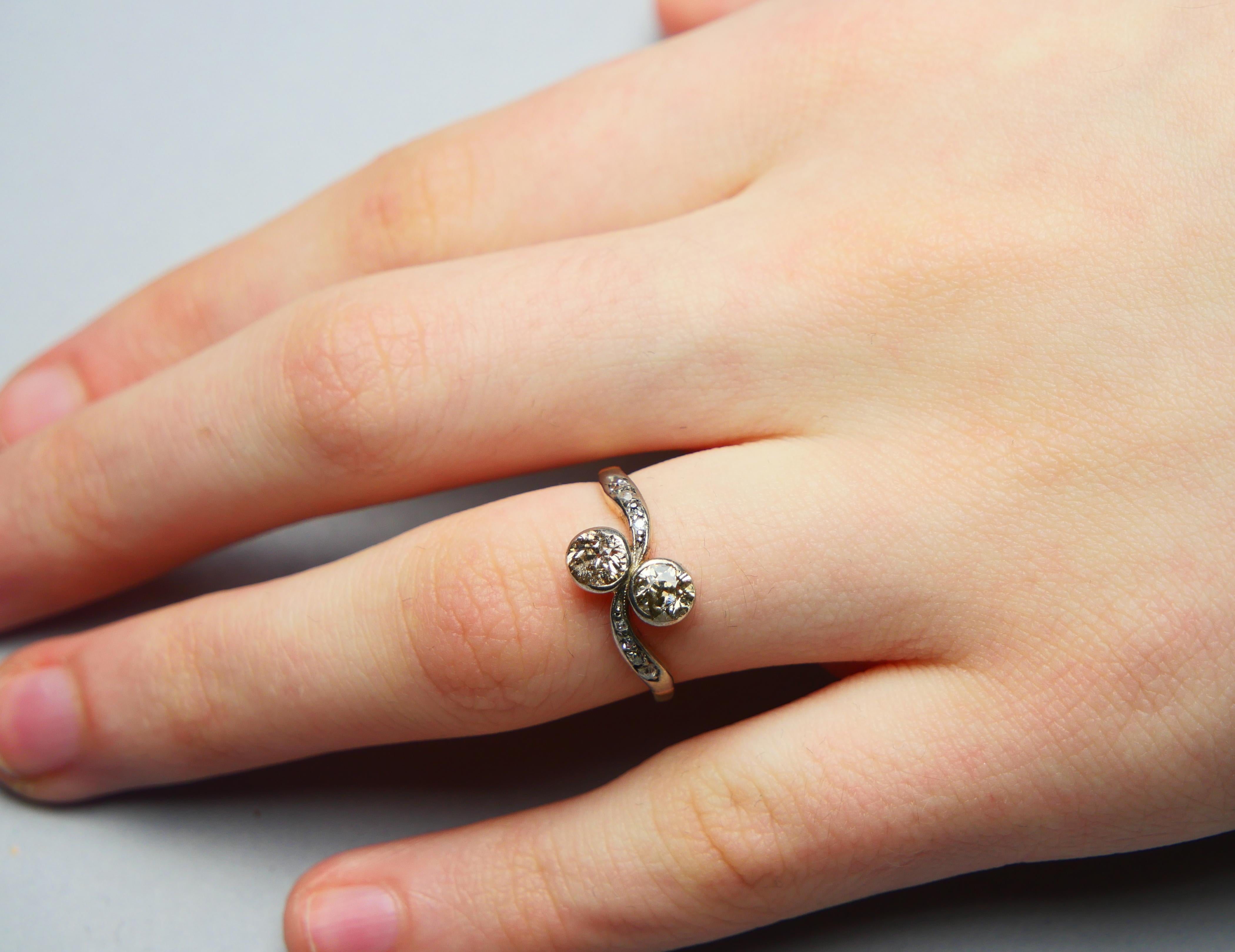 Antique Toi et Moi Ring natural 1.2 ctw. Diamonds 18K Gold Ø5.75 / 2.1 gr For Sale 1
