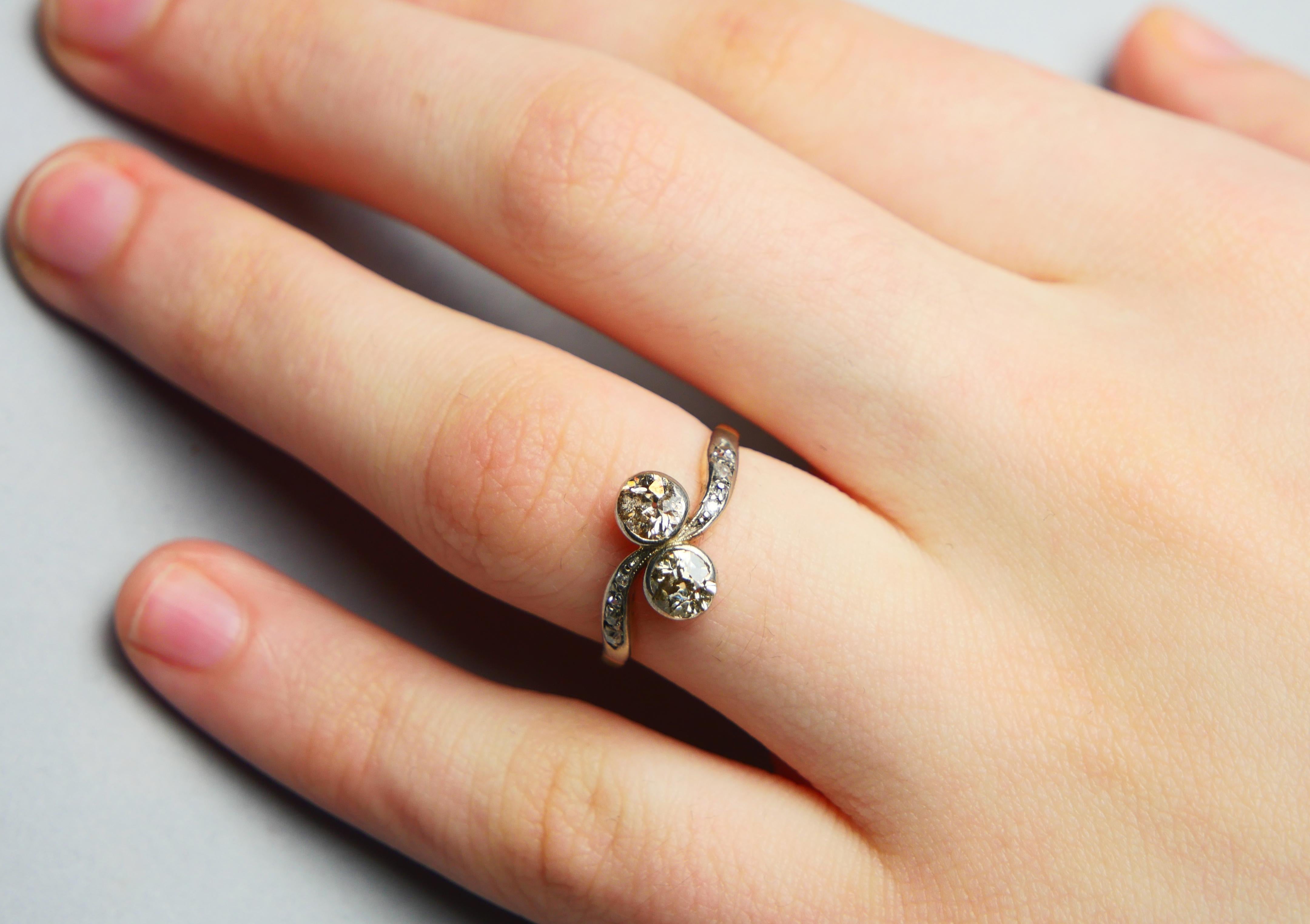 Antique Toi et Moi Ring natural 1.2 ctw. Diamonds 18K Gold Ø5.75 / 2.1 gr For Sale 2