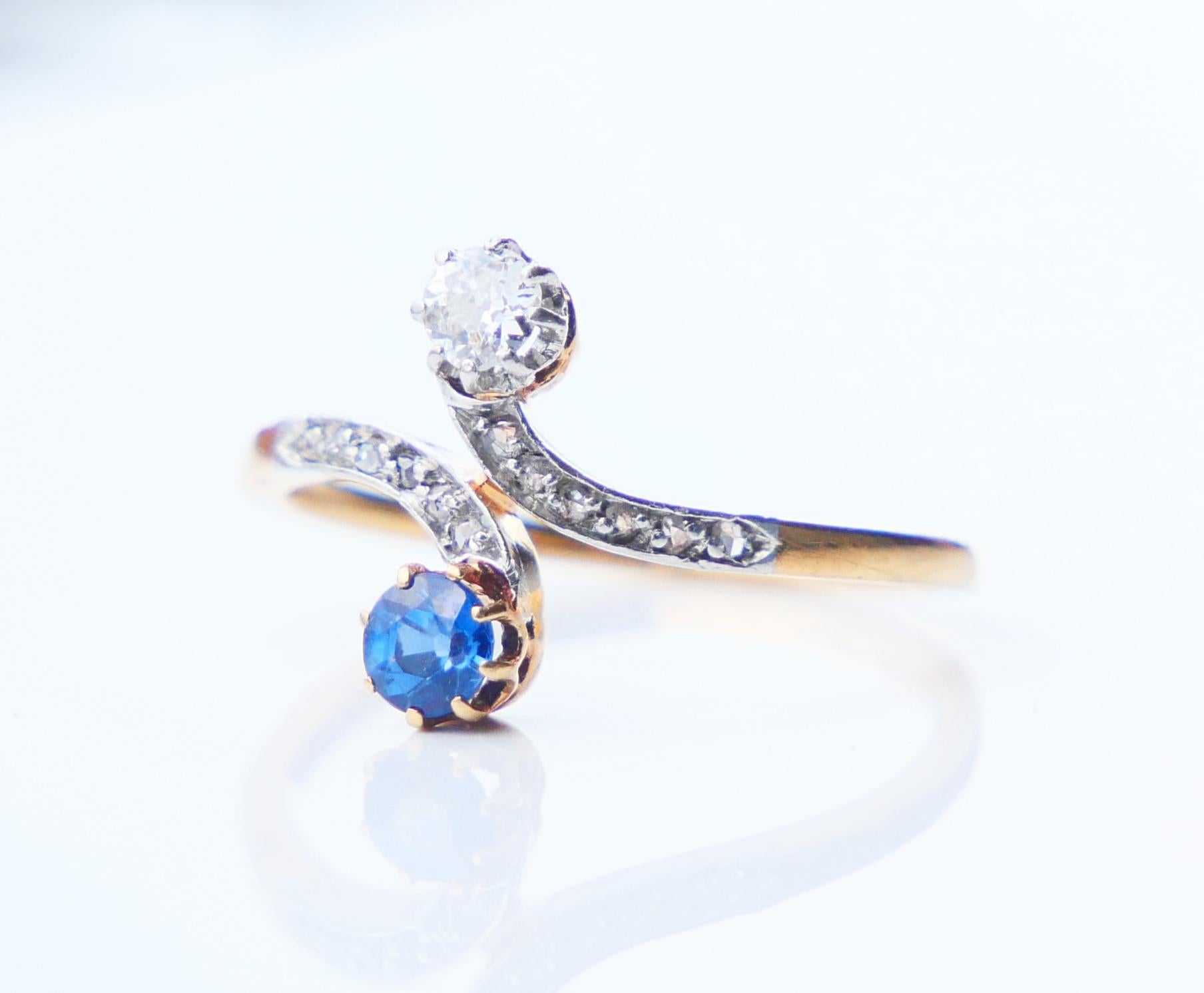 Antique Toi et Moi Ring natural Cornflower Sapphire Diamonds 18K Gold Ø4.75/1.8g For Sale 3
