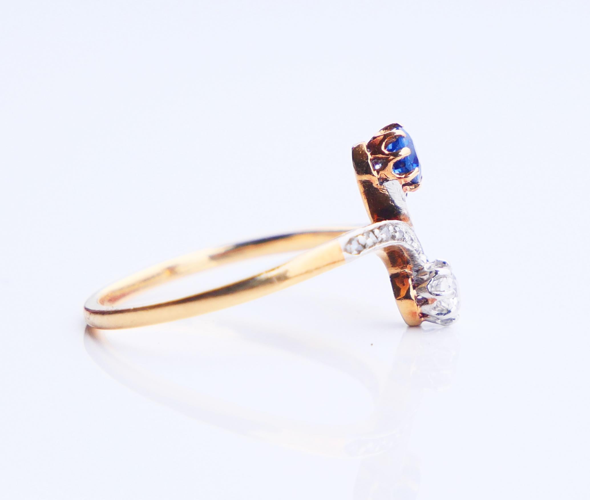 Antique Toi et Moi Ring natural Cornflower Sapphire Diamonds 18K Gold Ø4.75/1.8g For Sale 5