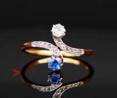 Antique Toi et Moi Ring natural Cornflower Sapphire Diamonds 18K Gold Ø4.75/1.8g