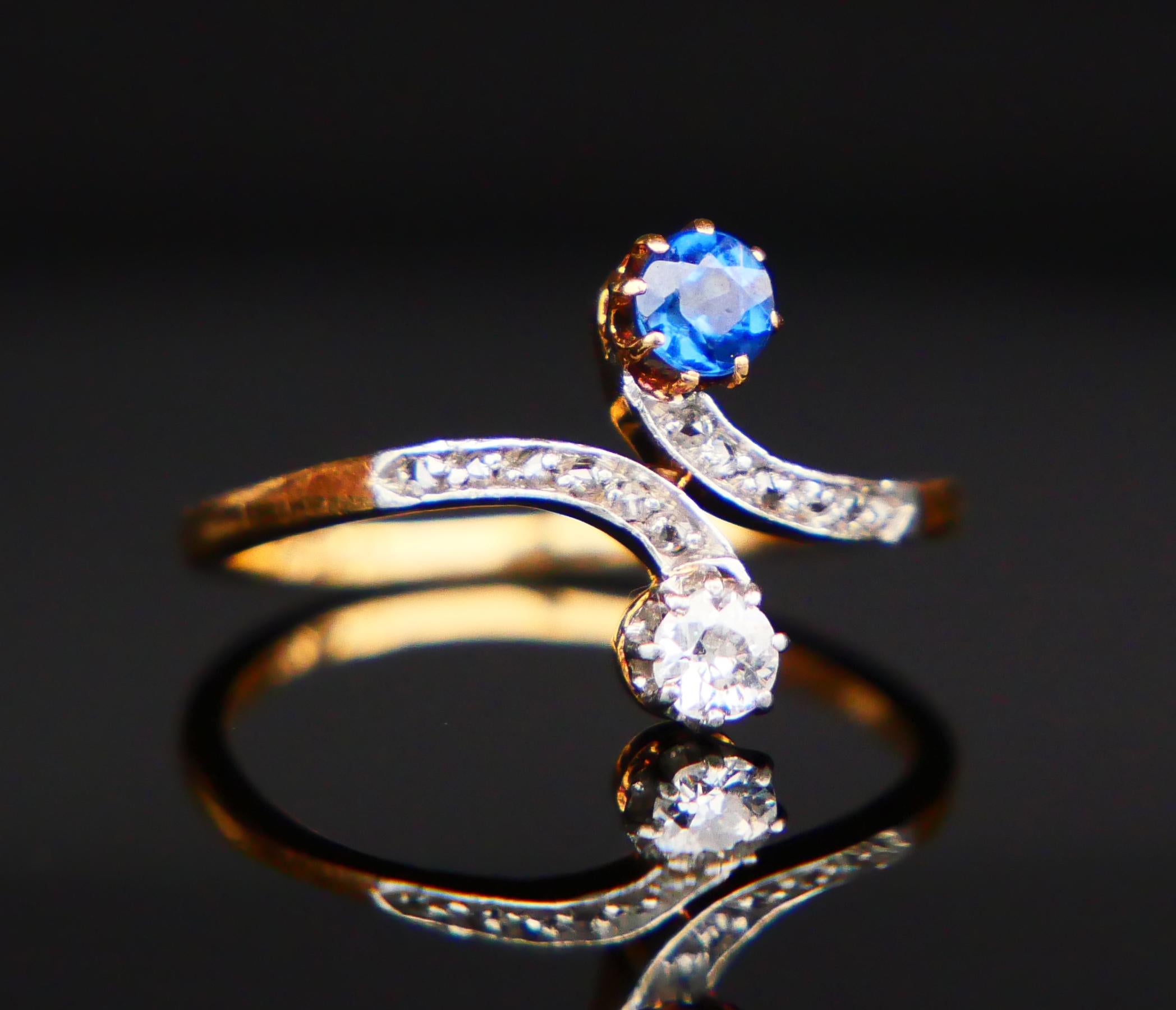 Old European Cut Antique Toi et Moi Ring natural Cornflower Sapphire Diamonds 18K Gold Ø4.75/1.8g For Sale