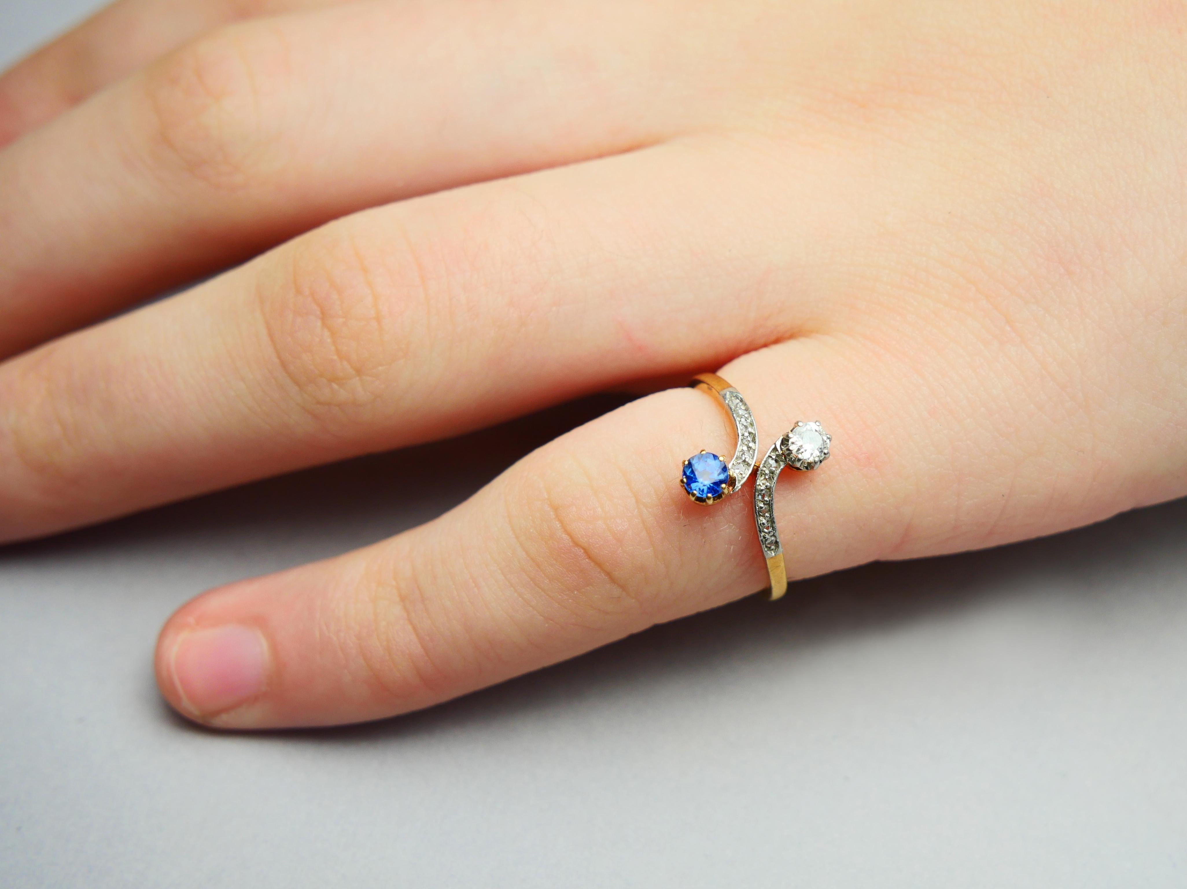 Art Nouveau Antique Toi et Moi Ring natural Cornflower Sapphire Diamonds 18K Gold Ø4.75/1.8g For Sale