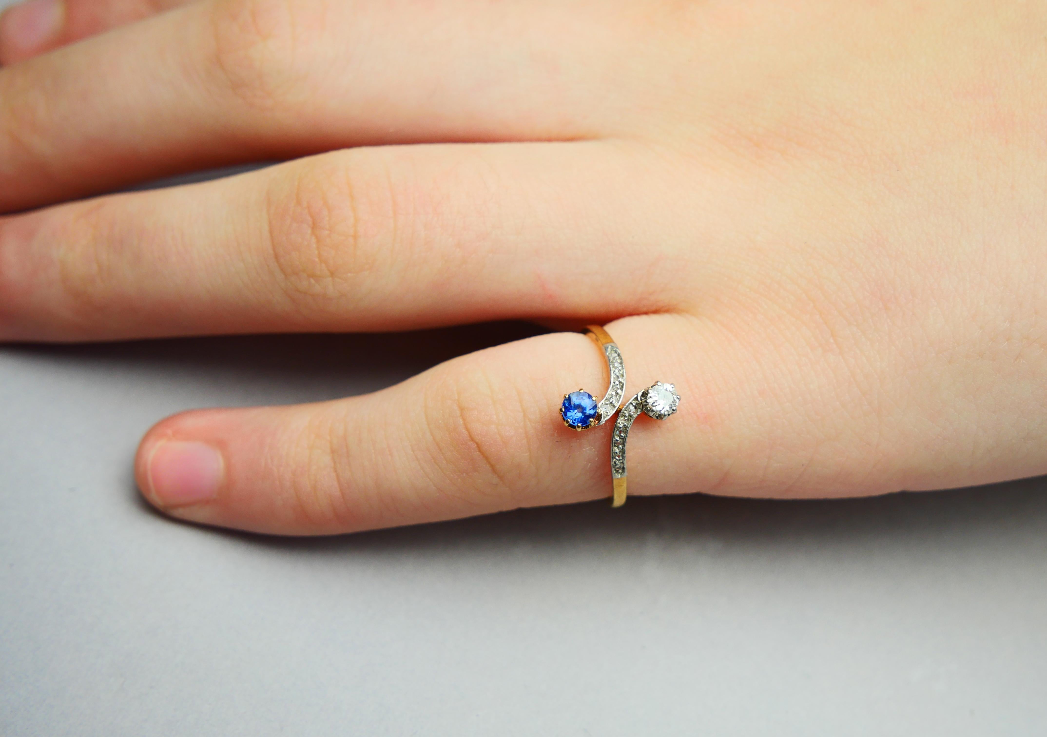 Old European Cut Antique Toi et Moi Ring natural Cornflower Sapphire Diamonds 18K Gold Ø4.75/1.8g For Sale