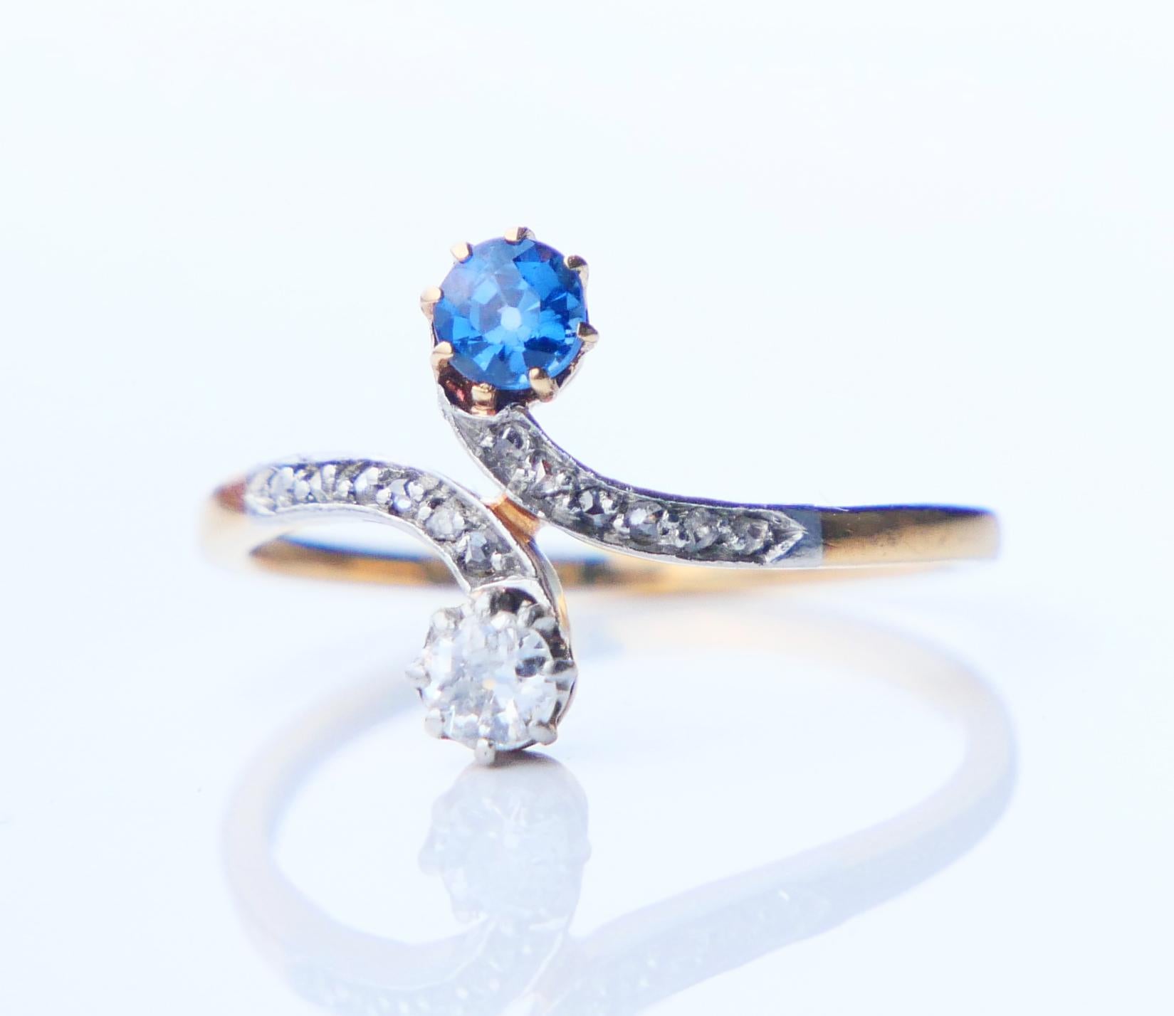 Antique Toi et Moi Ring natural Cornflower Sapphire Diamonds 18K Gold Ø4.75/1.8g For Sale 4