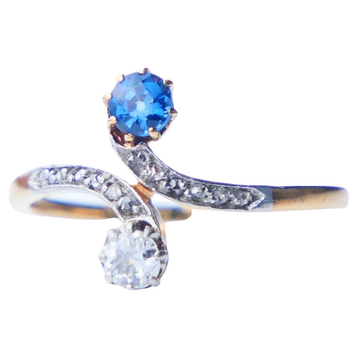 Antique Toi et Moi Ring natural Cornflower Sapphire Diamonds 18K Gold Ø4.75/1.8g