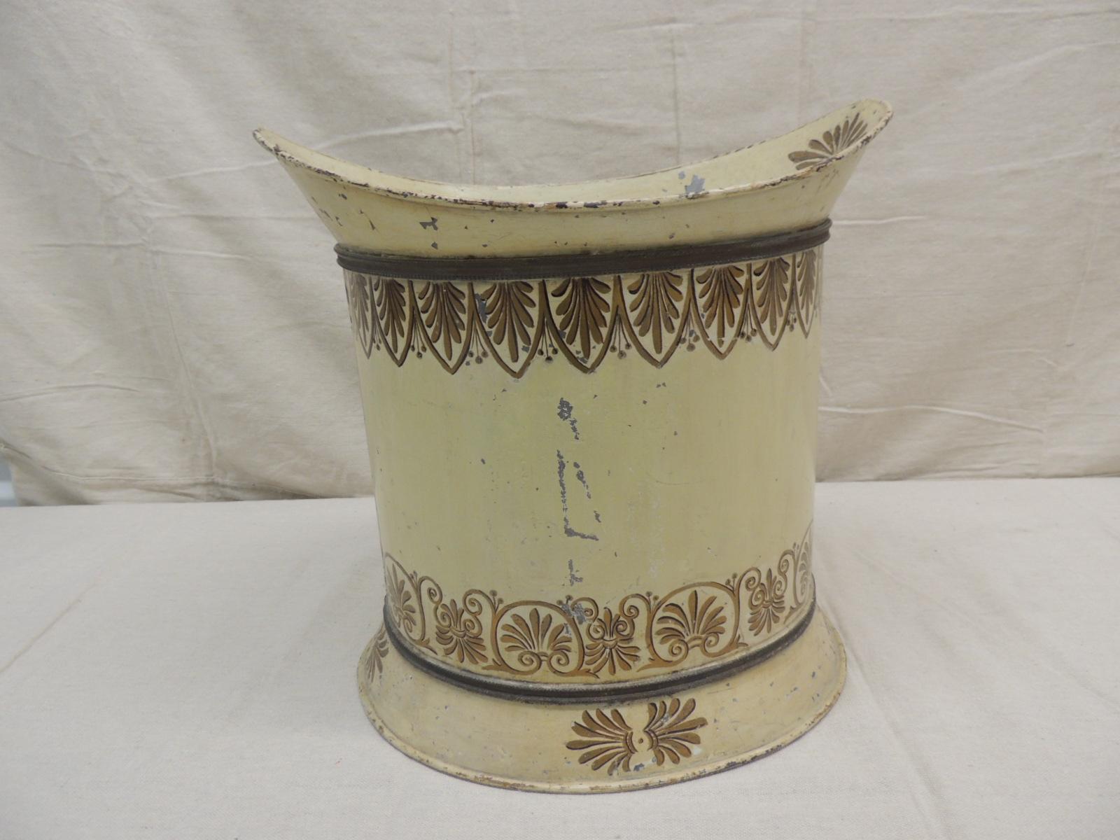 Antique Tole Cream and Gold Wastebasket from The Collection of Villa Fiorentina In Fair Condition In Oakland Park, FL