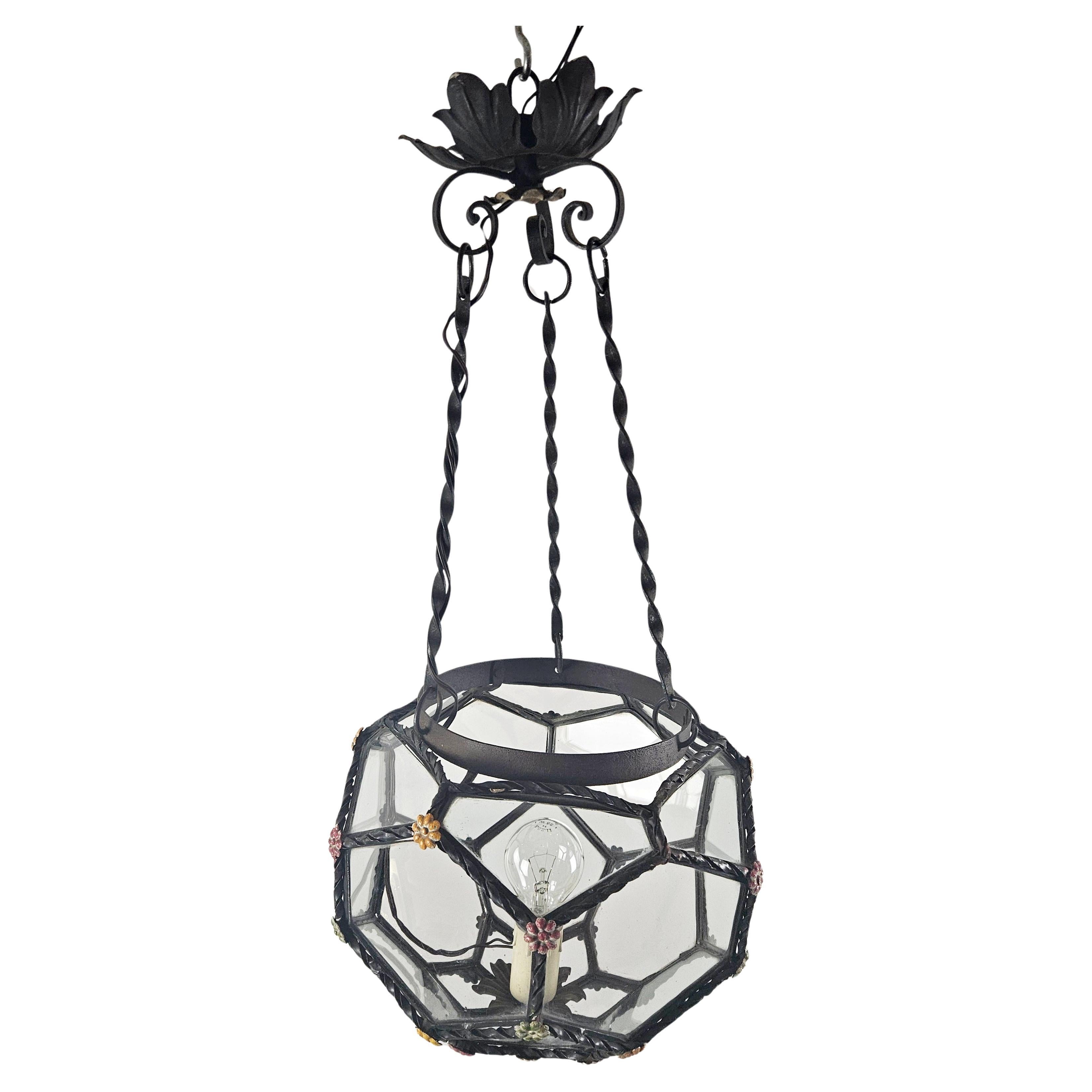 Italian Renaissance Revival Pendant Light, Iron & Glass, 1950s Design