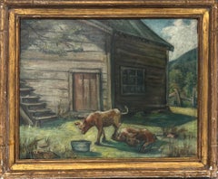 Tableau ancien de style tonaliste représentant une cour de ferme avec des animaux, signé Charles P. Gruppe.