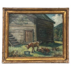 Tableau ancien de style tonaliste représentant une cour de ferme avec des animaux, signé Charles P. Gruppe.