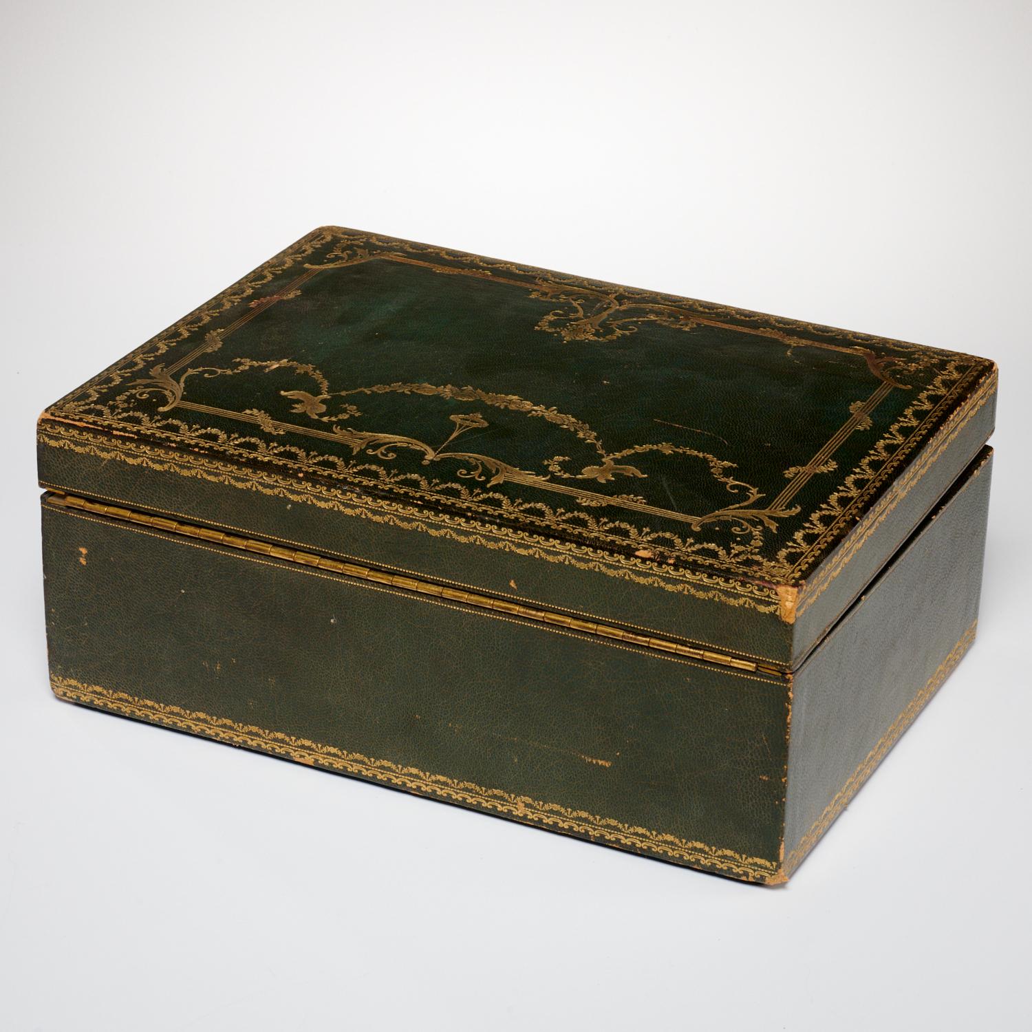 Brass Antique Tooled Leather Document Lock Box by J.O. Wilson, New York and Paris