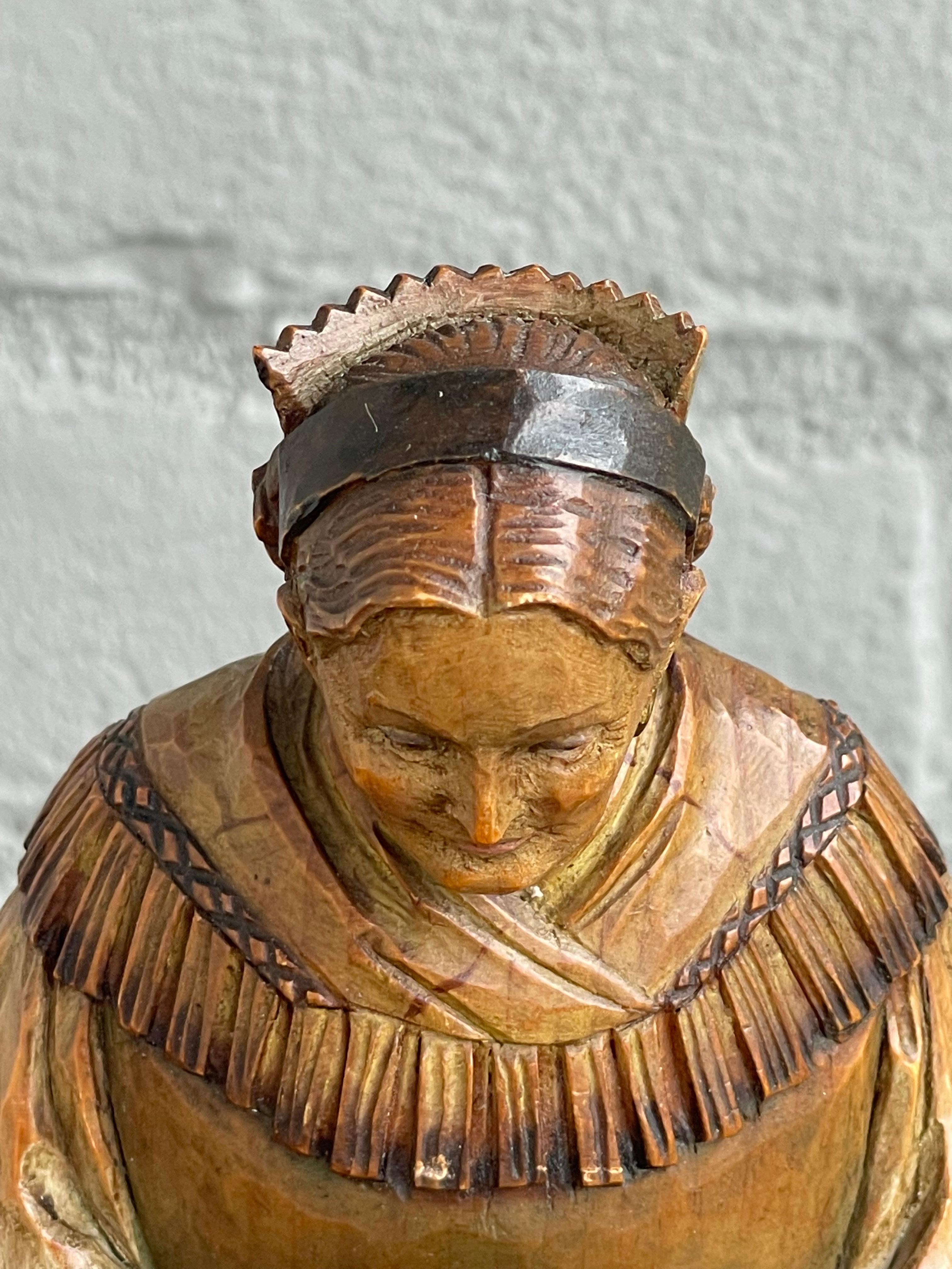 Wood Antique Top Quality Carved Black Forest Style Knitting Farmer's Wife Sculpture For Sale
