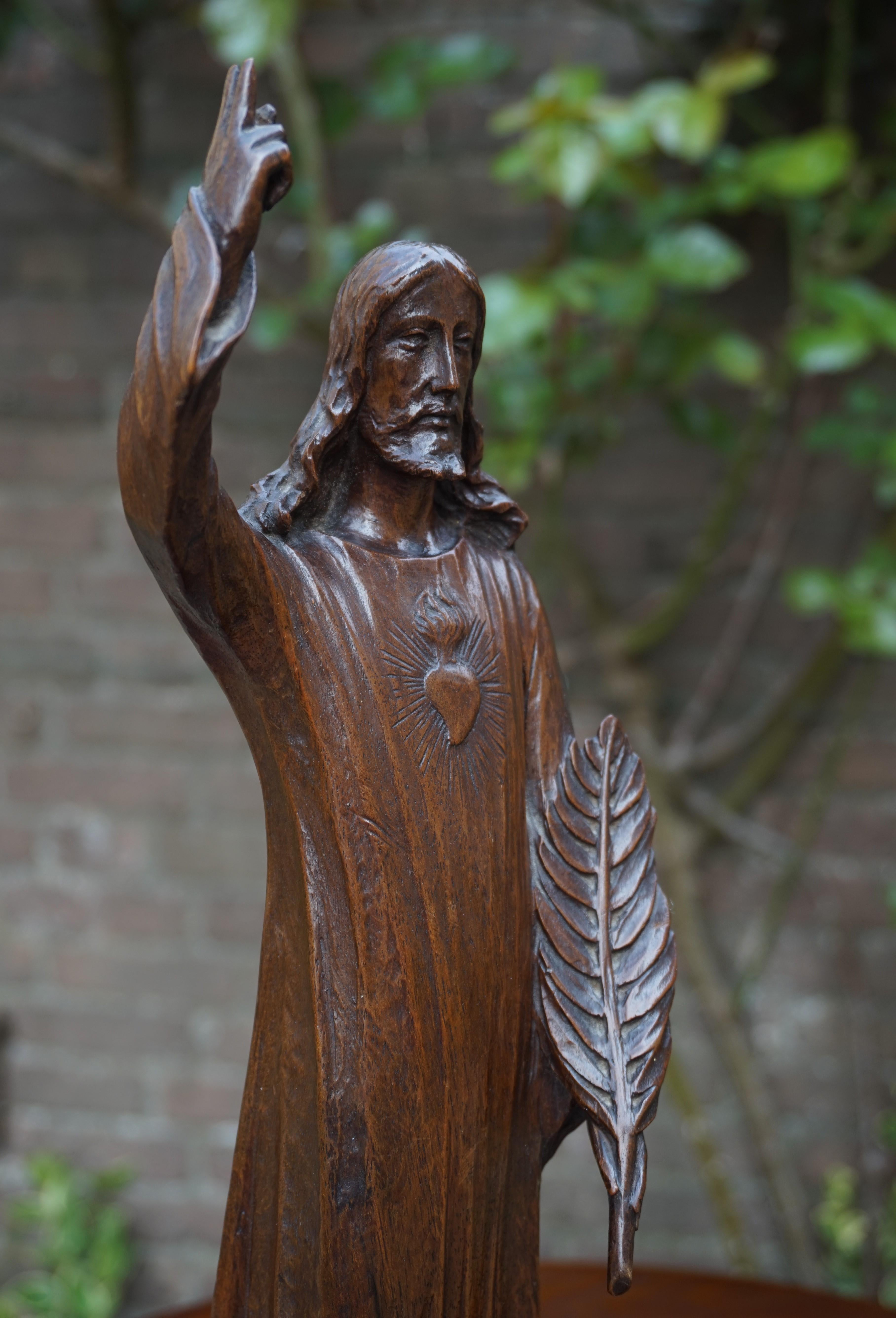 Hand-Carved Antique Quality Carved Solid Nutwood Christ with Palm Leaf Sculpture / Statuette For Sale