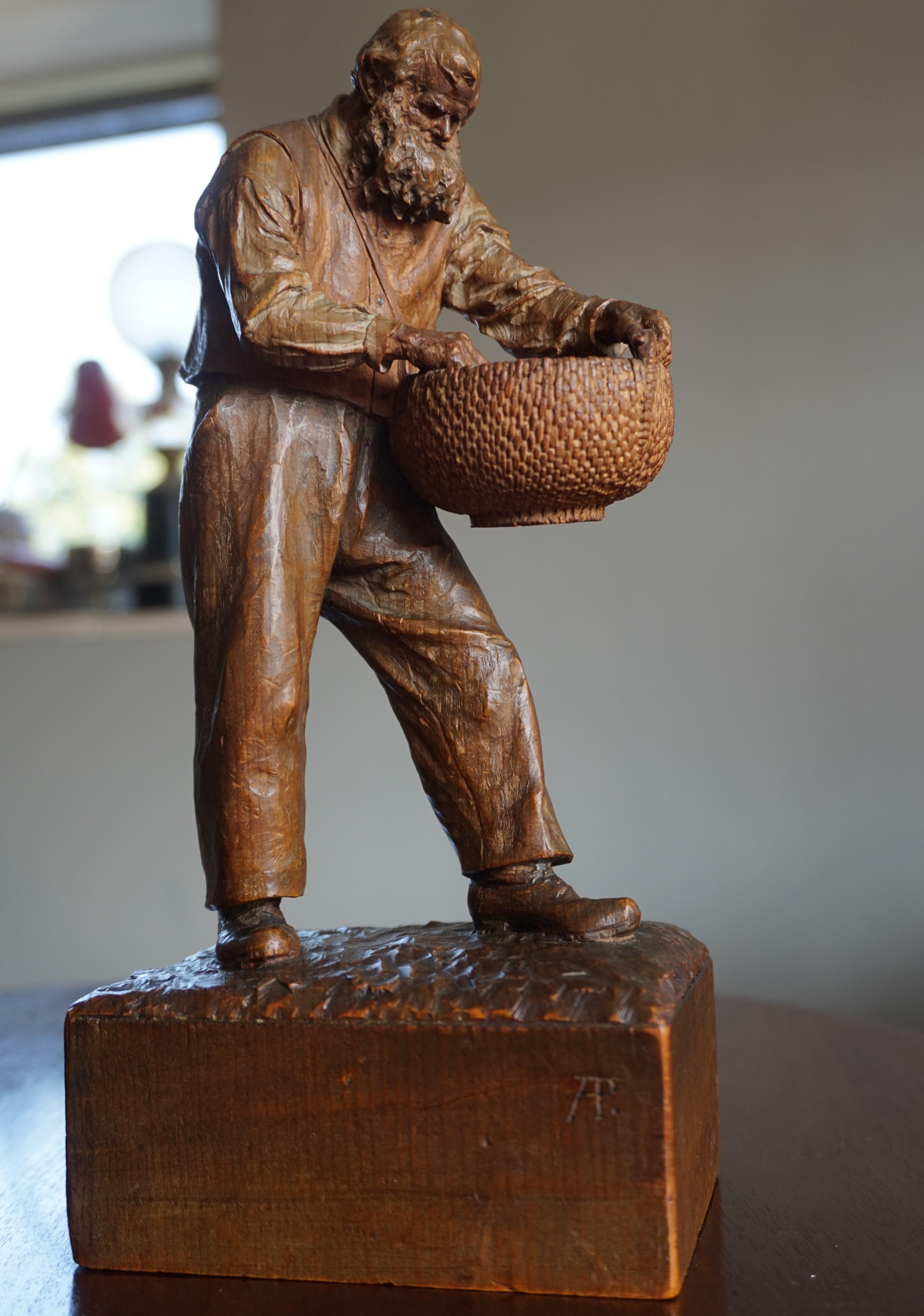 Wood Antique Top Quality Carved Swiss Black Forest Land Worker / Male Sower Sculpture