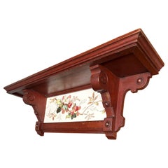 Antique & Top Quality Wall Bracket / Shelf w. Hand Painted Glazed Porcelain Tile