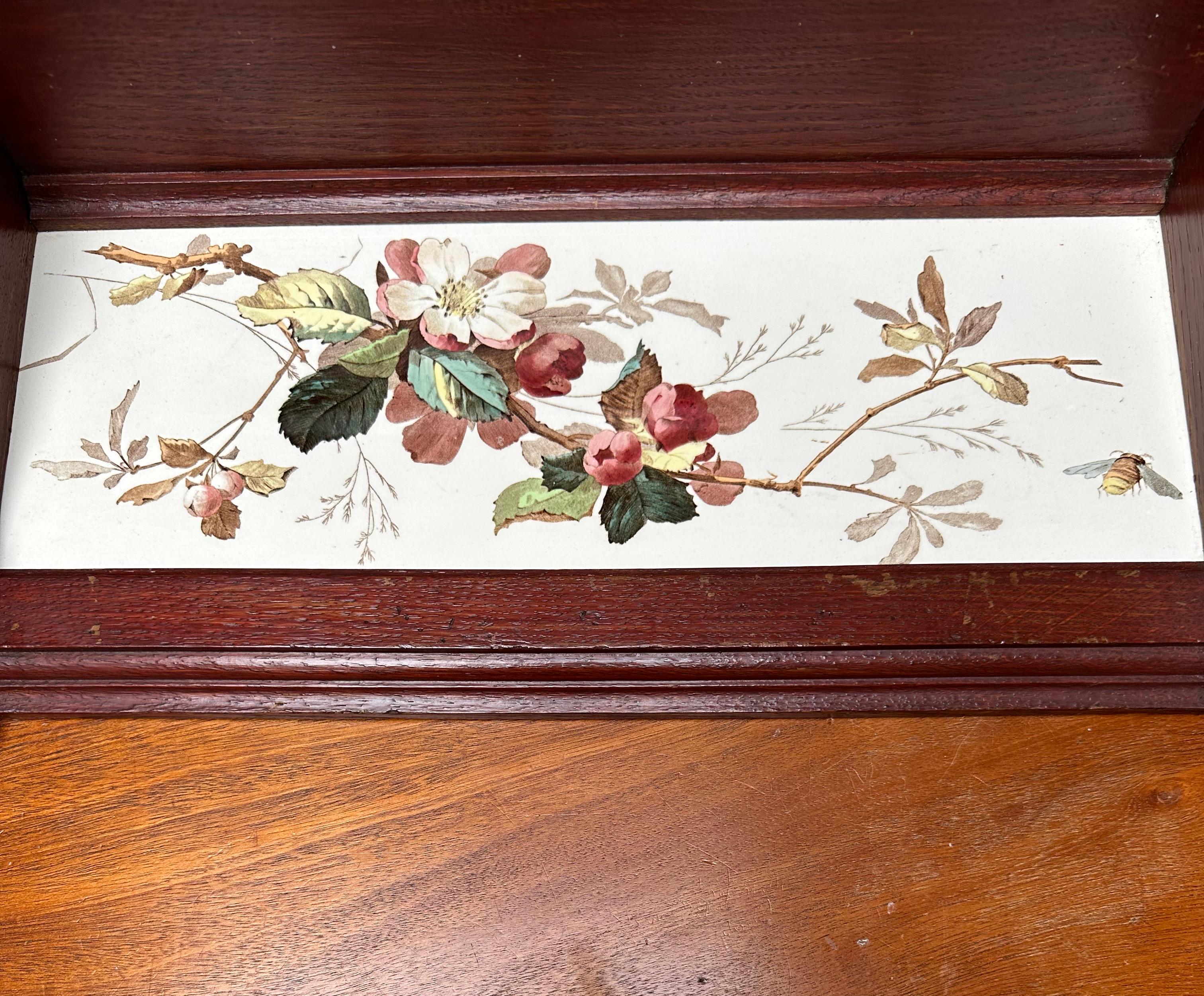 20th Century Antique & Top Quality Wall Bracket / Shelf w. Hand Painted Glazed Porcelain Tile For Sale