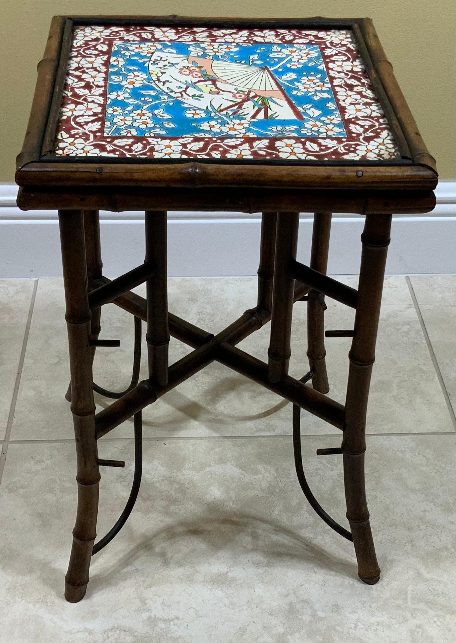 Unknown Antique Top Tile Bamboo Small Table