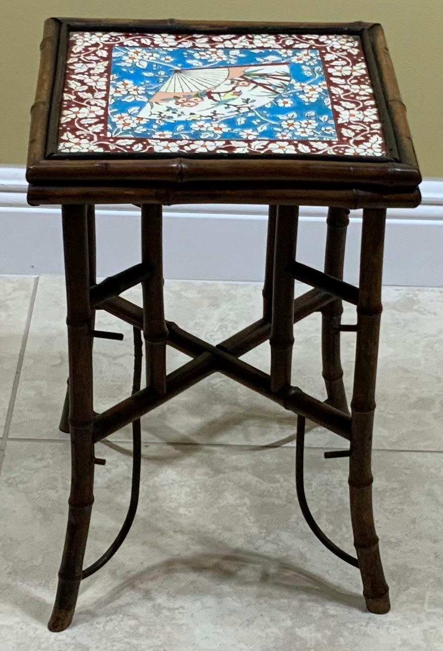 Antique Top Tile Bamboo Small Table In Good Condition In Delray Beach, FL